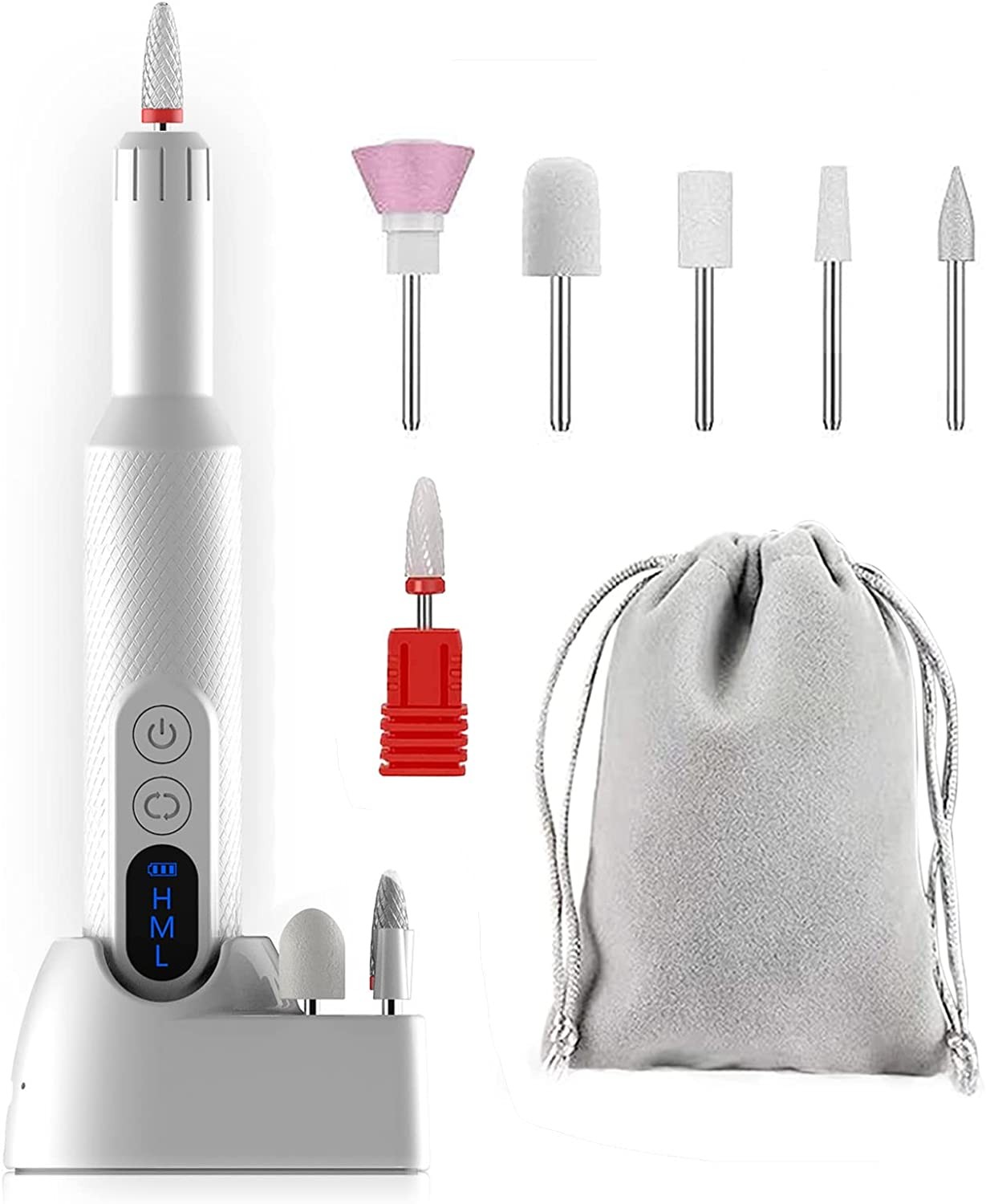 Cordless Electric Nail Drill, Jacmucie Rechargeable Efile Nail File Machine, Portable Polisher Manicure Pedicure for Acrylic Gel Nails with Nail Drill Bits, Battery Display,White