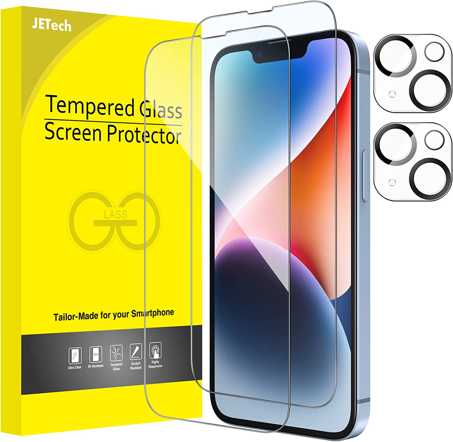 Jetech Full Coverage Screen Protector for Iphone 14 6.1-Inch with Camera Lens Protector, Tempered Glass Film, HD Clear, 2-Pack Each