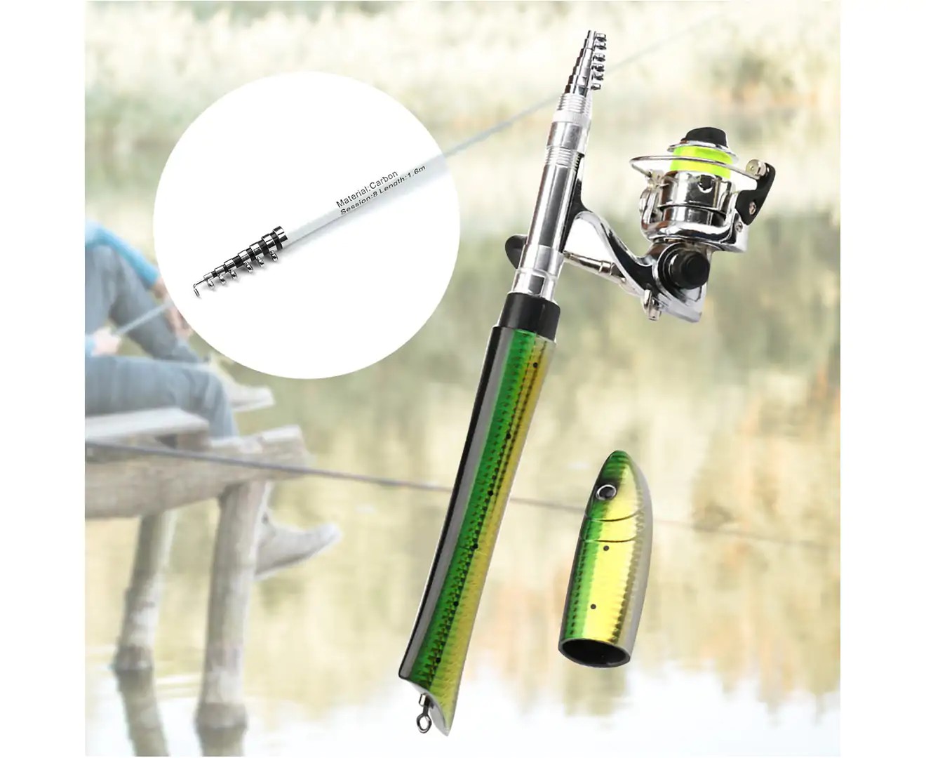 1.6M Portable Carbon Fish Shape Telescopic Fishing Rod Pole Spinning Reel Kits