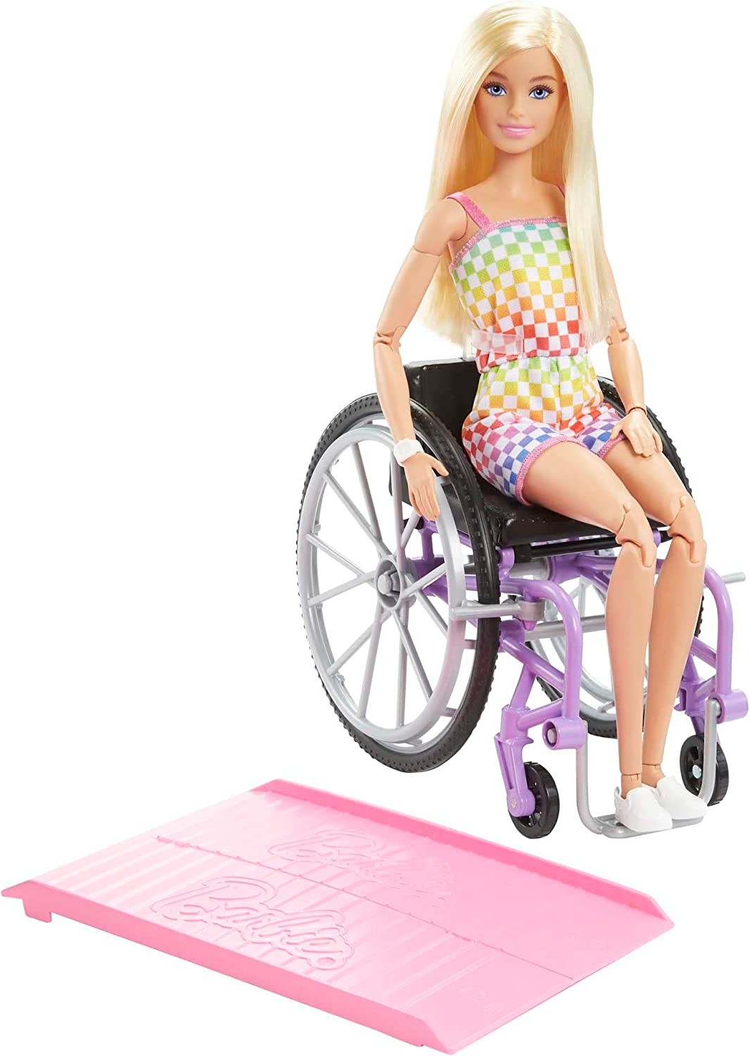 Barbie Doll with Wheelchair and Ramp, Kids Toys and Gifts, Blonde, Fashionistas, Rainbow Romper, Clothes and Accessoriesâ€‹Â€‹Â€‹,Pink,Purple,White