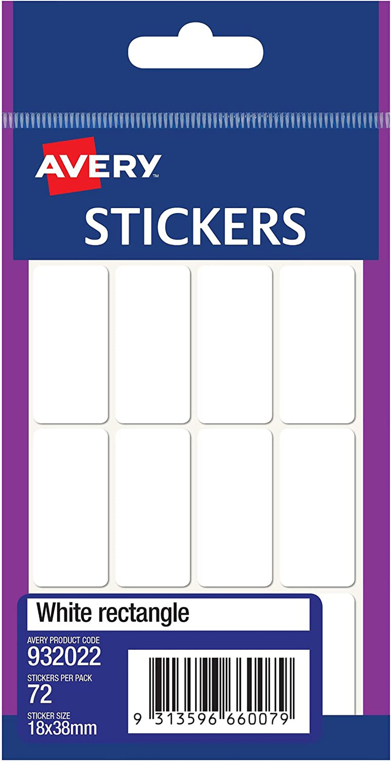 Avery Handwritable Rectangle Stickers, White, 18 X 38 Mm, 72 Labels (932022)