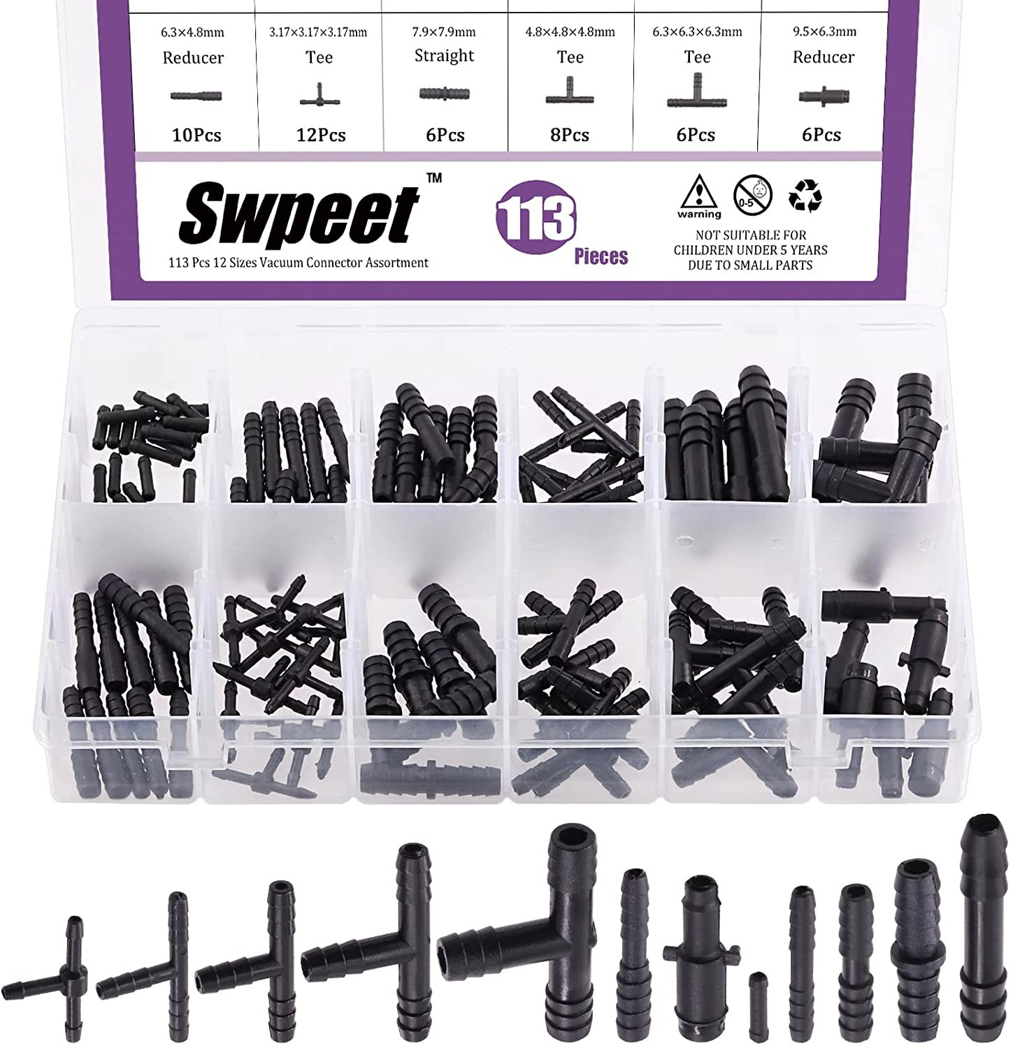 Swpeet 113Pcs Barbed Type Vacuum Connector Assortment Kit, Including Hose Tee Connectors and Hose Reducer Connectors with Hose Straight Connectors for Replacing Vacuum Hoses