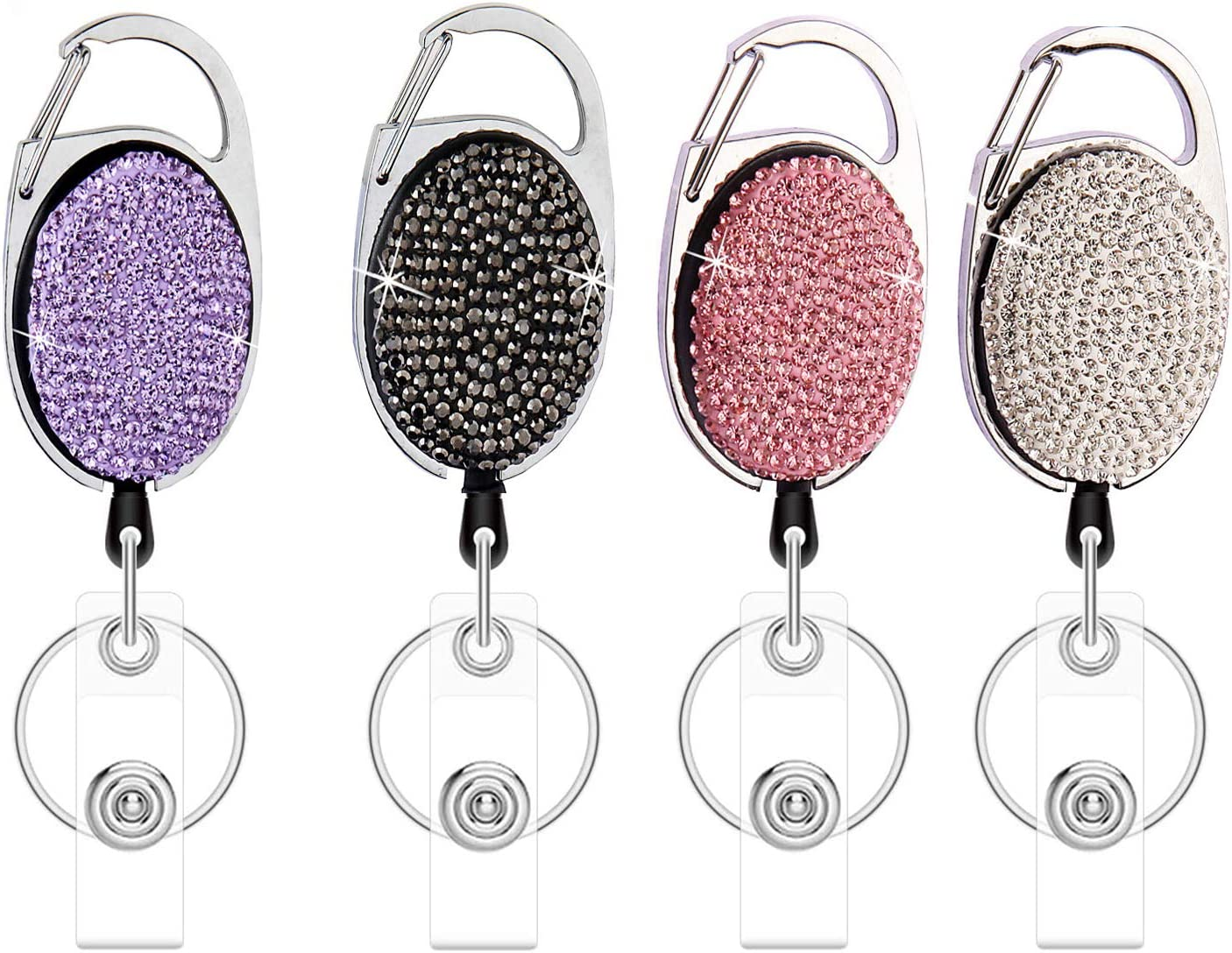 Retractable Badge Holders with Bling Rhinestones Crystal, Badge Reel with Belt  Clip and Key Ring, 24 Inches Thick Kevlar Pull Cord. (4Pcs- Silver, Black,  Pink and Blue)