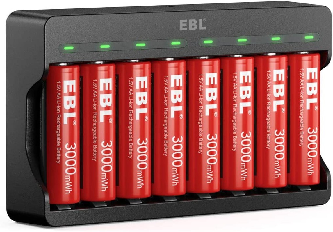 EBL 8 Pack Rechargeable Lithium AA Batteries, 1.5V AA Li-Ion Batteries with 8 Slots Smart Lithium Rechargeable Battery Charger