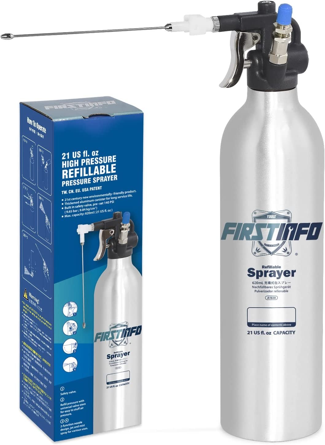 FIRSTINFO A1638 Patented 620C.C. (21 US Fl. Oz) Thickened Aluminum Canister Aerosol Refillable Fluid High Pressure Storage Sprayer/Pneumatic + Manual Pressurized/Maximum Pressure 140 Psi