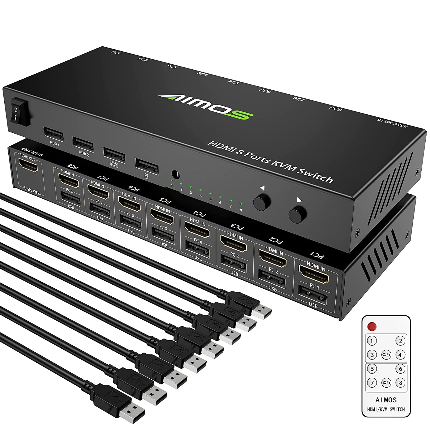 KVM Switch 8 Ports, HDMI 2.0 KVM Switcher and USB 2.0 Hub Support 4K@30Hz for 8 PC Share Keyboard, Mouse and Monitor Compatible with Windows/Linux/Mac System Etc