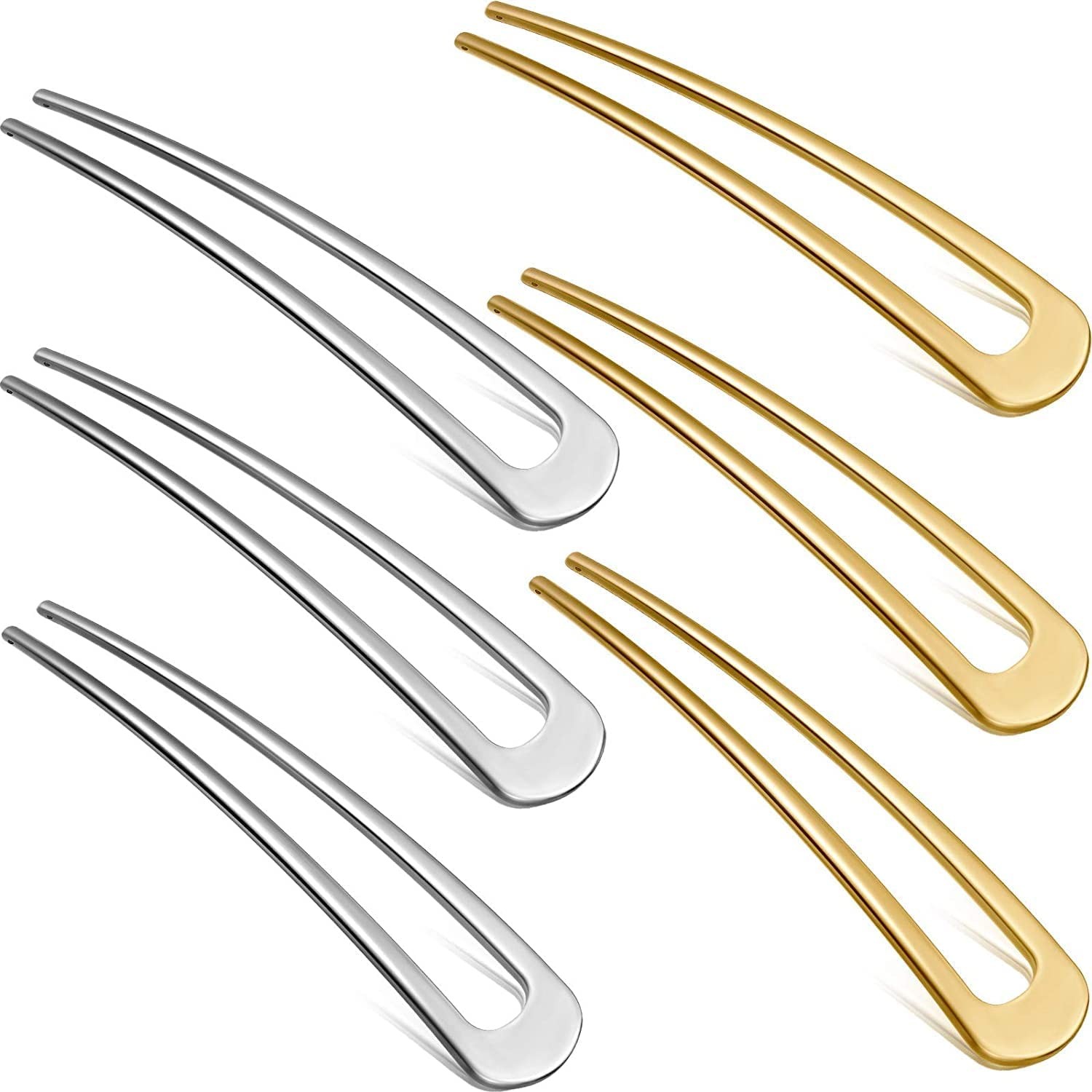 6 Pieces Simple Metal U Shaped Hairpins Hair Stick Fork Sticks French Hair Pin 2 Prong Updo Chignon Pins for Women Girls Buns Hair Accessories (Gold, Silver)