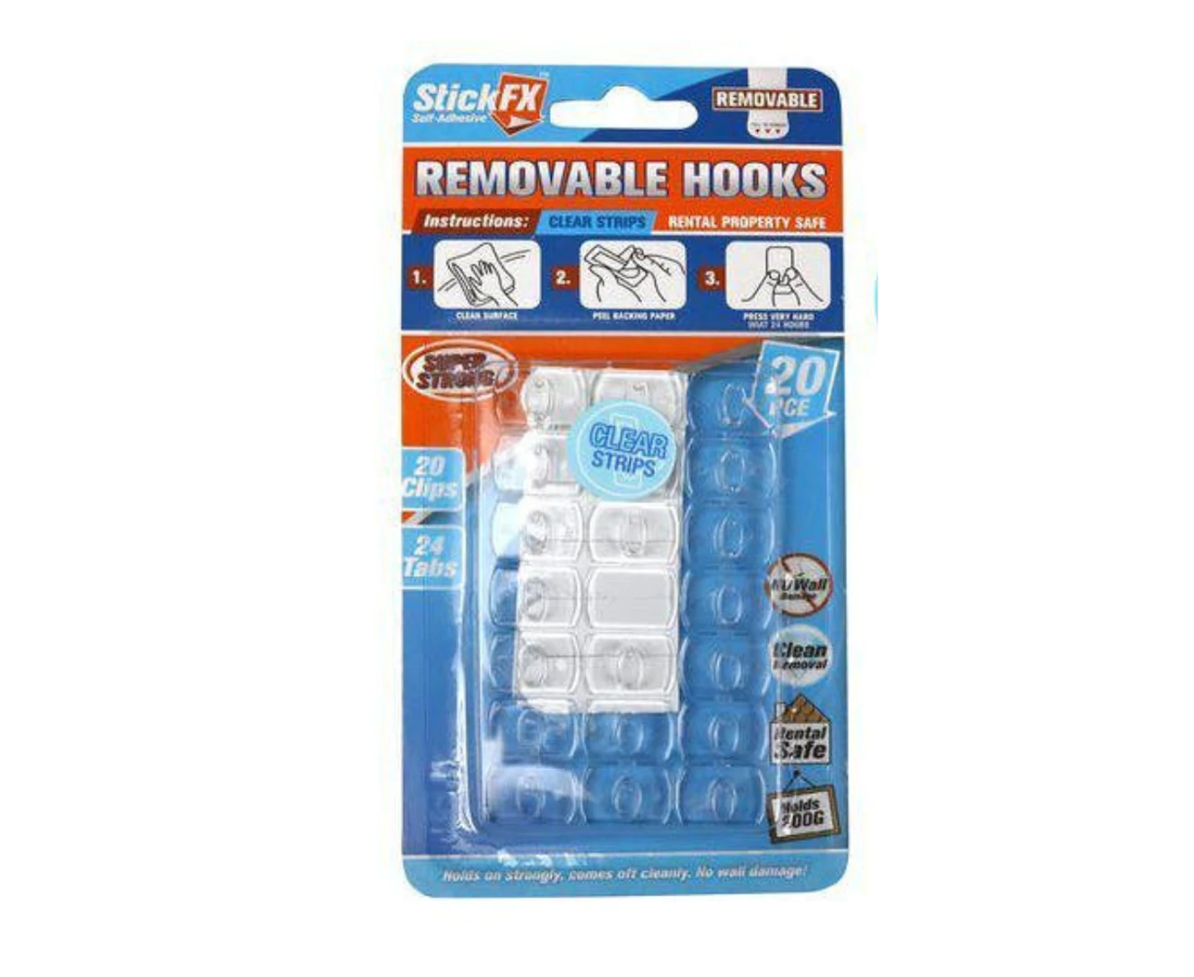 20Pce Self Adhesive Clear Hooks 200G Rated Removable for Pictures & Photos  - Clear