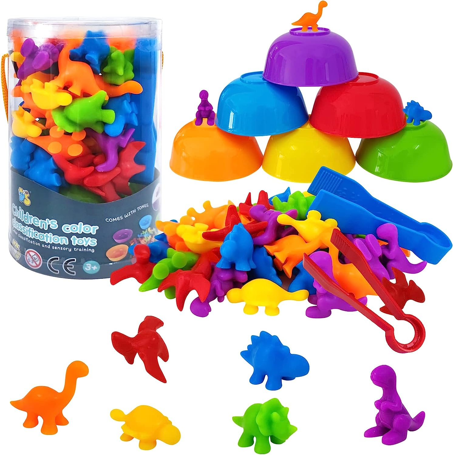 56 Pcs Counting Animal Dinosaurs Toys,Pioghax Rainbow Counting Dinosaurs Matching Game with Sorting Cups and Tweezers for Toddlers and Kids Girls Boys