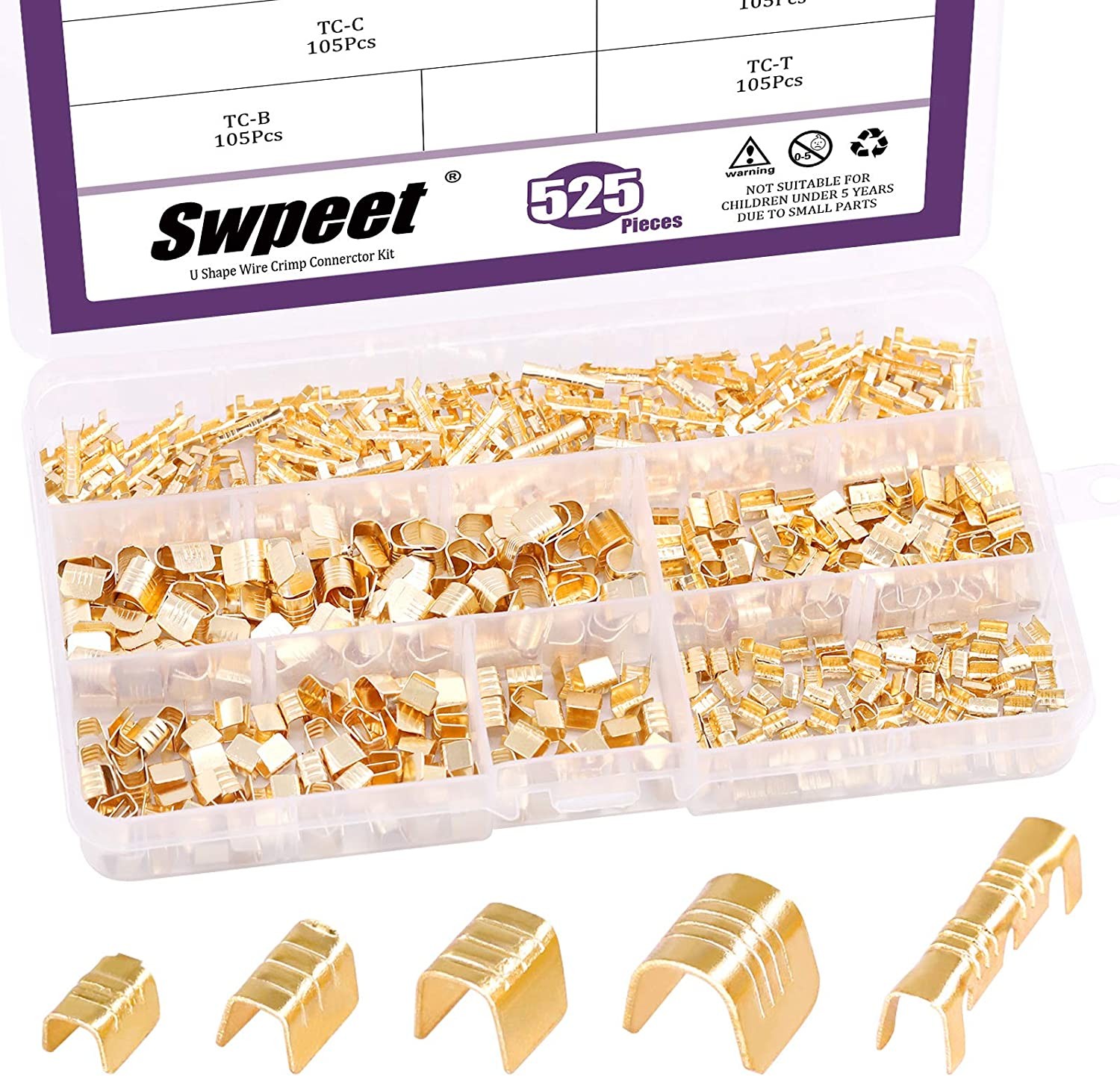 Swpeet 525Pcs Gold TC-1 TC-A TC-B TC-C TC-T Non-Insulated U Shape Wire Crimp Copper Terminal Connerctor Kit, Ring Lugs Crimp Cable Terminal for Crimp Solid Wires or Stranded Wires