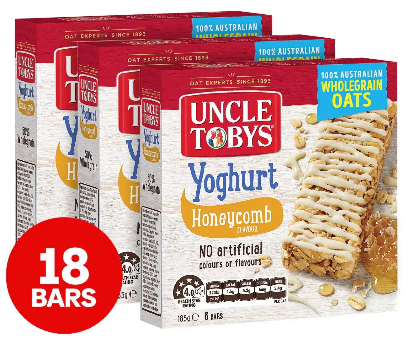 3 X 6Pk Uncle Tobys Yoghurt Muesli Bars Honeycomb 185G