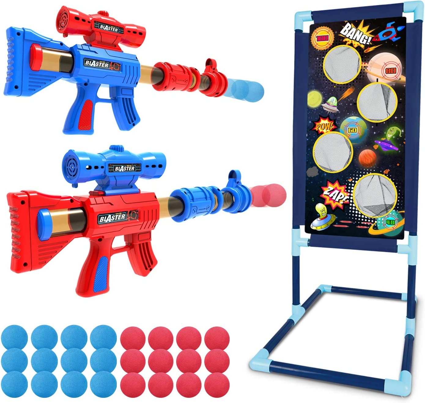 LURLIN Shooting Game Toy for Age 5, 6, 7, 8,9,10+ Years Old Kids, Boys – 2Pk Foam Ball Popper Air Guns & Shooting Target & 24 Foam Balls – Ideal Gift – Compatible with Nerf Toy Guns