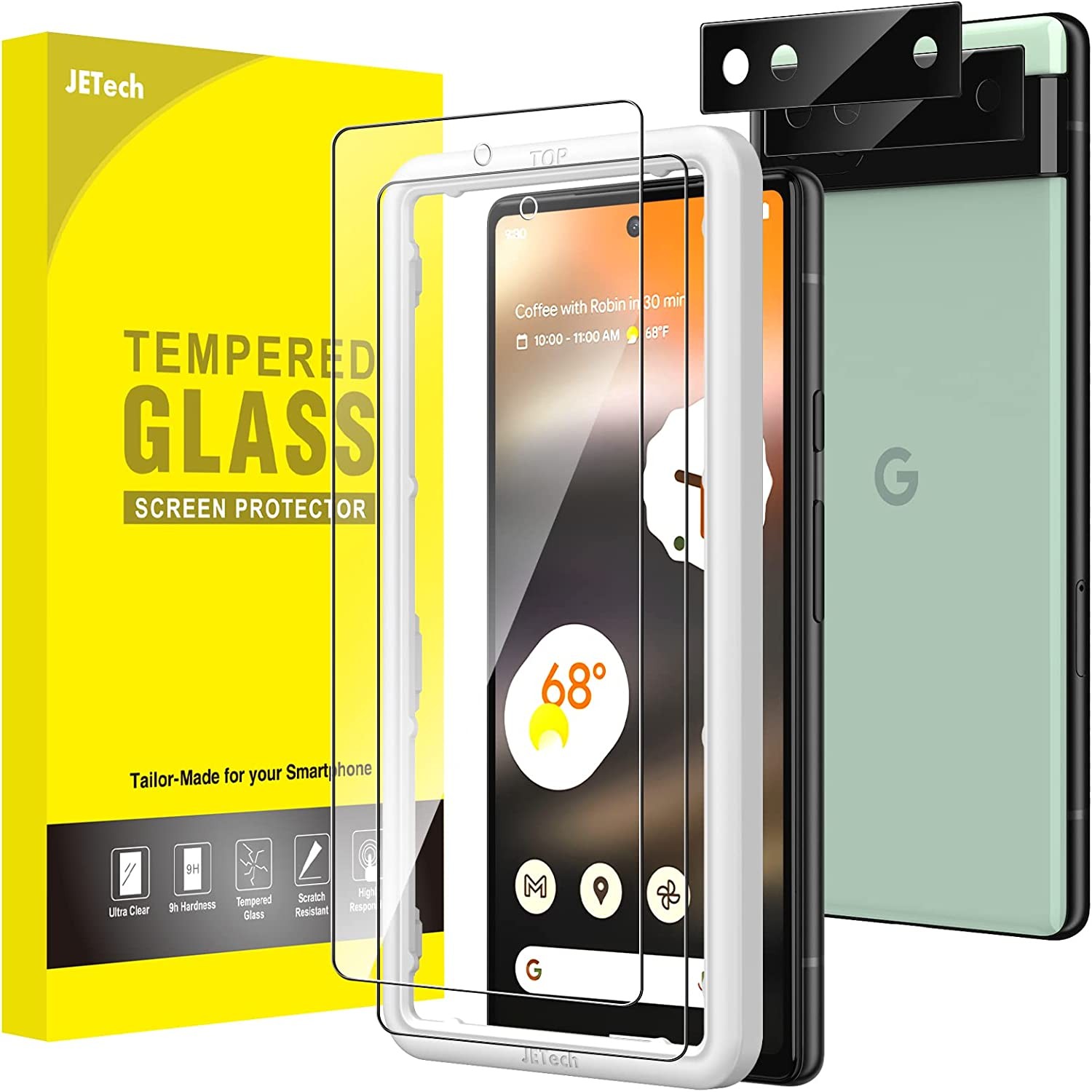 Jetech Screen Protector for Google Pixel 6A 6.1-Inch with Camera Lens Protector, Easy Installation Tool, Fingerprint Compatible, Tempered Glass Film, HD Clear, 2-Pack Each