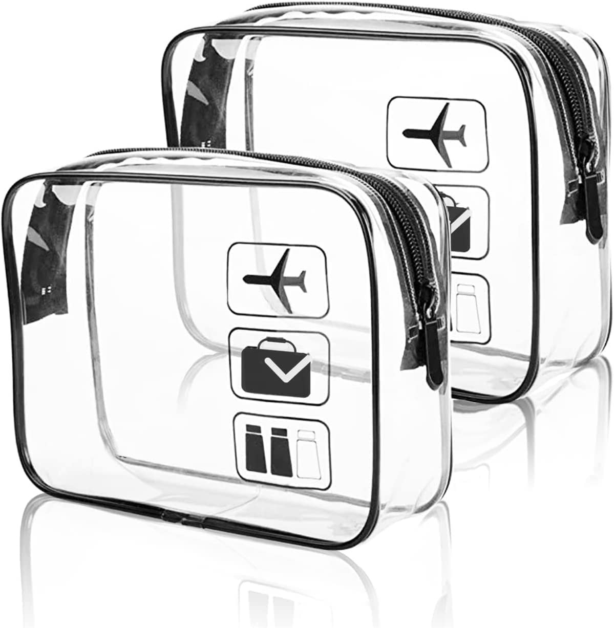 OVS4U 2 Pack TSA Approved Toiletry Bag, Travel Clear Toiletry Bag with Zipper and TSA Aviation Logo, Carry-On Travel Accessories | Quart Size | Cosmetic Pouch Makeup Travel Bags for Women/Men Black