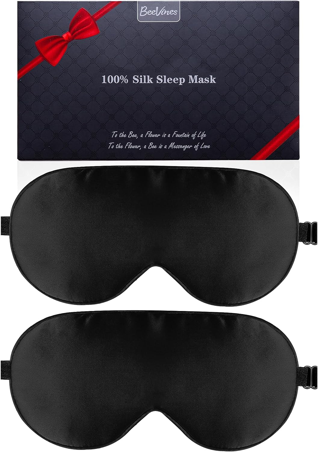 Silk Sleep Mask, 2 Pack Mulberry Silk Eye Mask with Adjustable Strap, Sleeping Aid Blindfold for Nap, Beevines Eye Sleep Shade Cover, 100% Blocks Light Reduces Puffy Eyes Gifts for Christmas (Black)