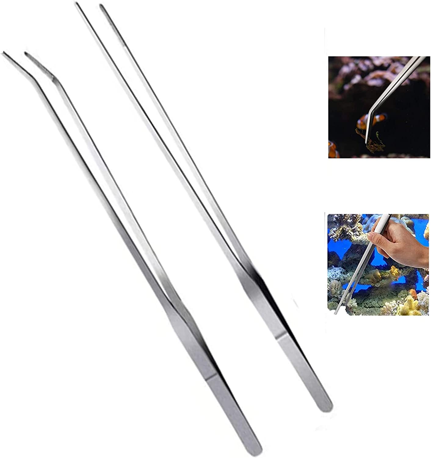 Aquascaping Tools, Long Handle Aquarium Tweezers Serving Tongs，Stainless Steel Polished Straight and Curved Tweezers Aquarium Tweezers,Ideal for Fish Tank Plant Aquascape Tools, Feeding Tongs(2 PCS)