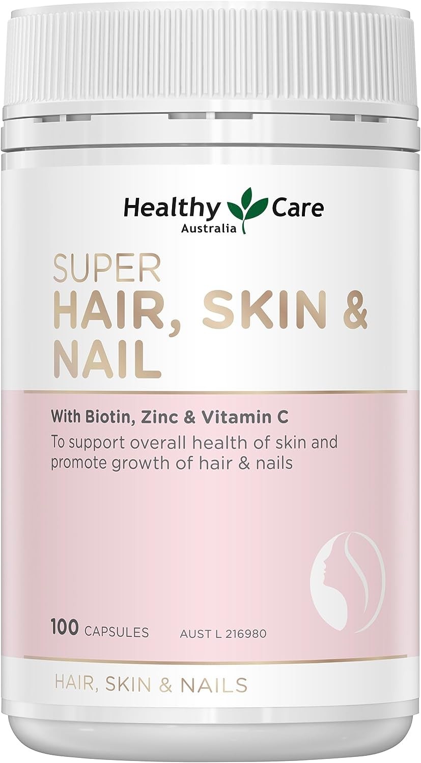 Healthy Care Super Hair, Skin and Nails – 100 Capsules, Pink | with Biotin, Zinc and Vitamin C