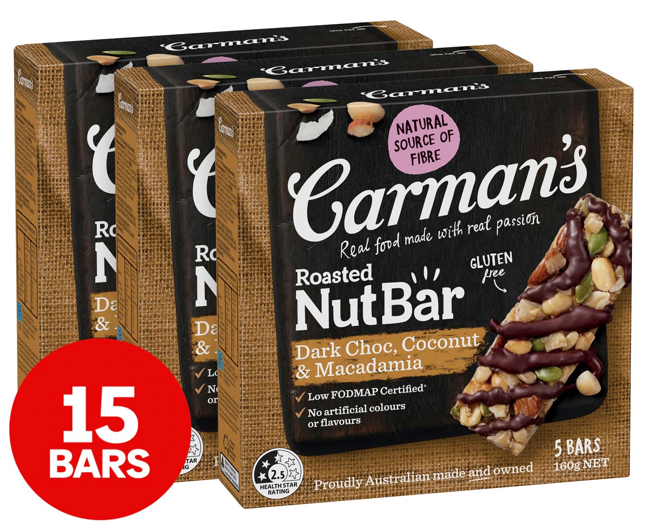 3 X 5Pk Carman’S Nut Bars Dark Choc, Macadamia & Coconut 160G