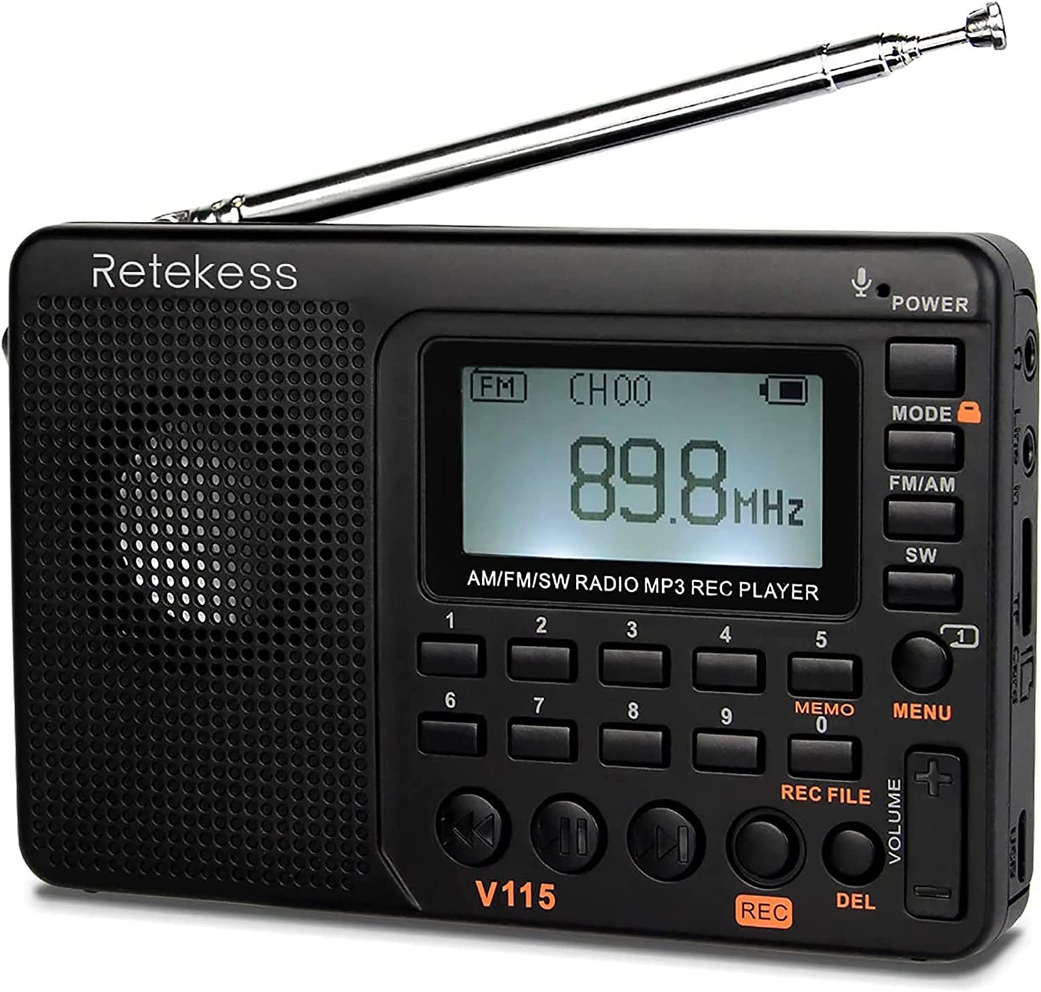 Retekess V115 Radio, Portable AM FM Radio Digital Tuner, Rechargeable Radio Support Recording, Portable MP3 Radio with Bass and TF Socket (Black)