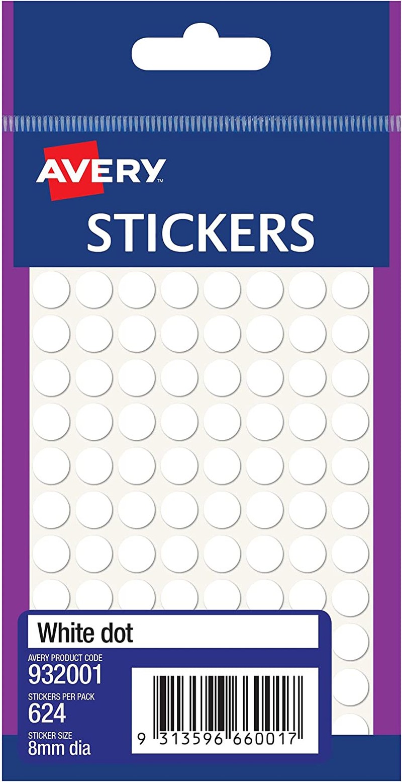 Avery White Dot Stickers, White, 8 Mm, 624 Labels (932001)