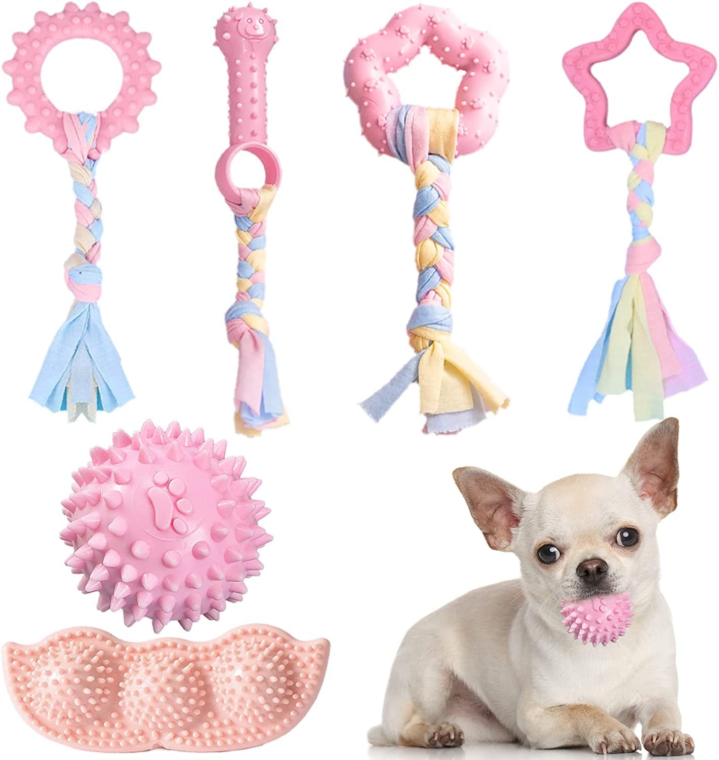 ABRRLO Puppy Toys 6 Pack Puppy Chew Toys for Teething Small Breed Dog Toys for Small Puppies Cute Pink Small Dog Chew Toys Soft Rubber Durable Puppy Teething Toys Interactive Pet Dog Toys Set