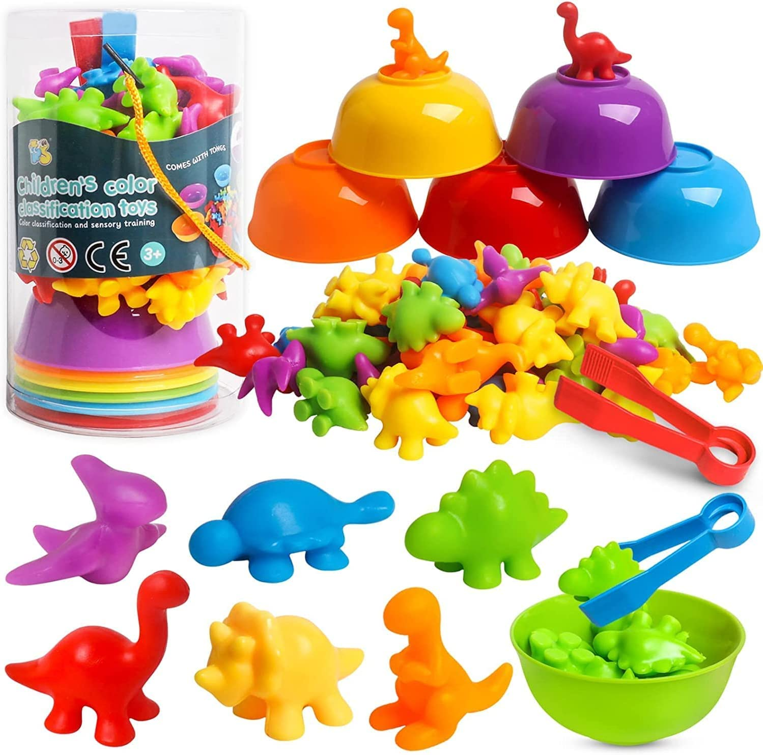 NEWSTYLE 58Pcs Color Sorting and Counting Dinosaurs Toys for Toddlers，Counting Activities Game with Matching Sorting Bowls，Educational Montessori Preschool Counters Toys for Kids Boys Girls