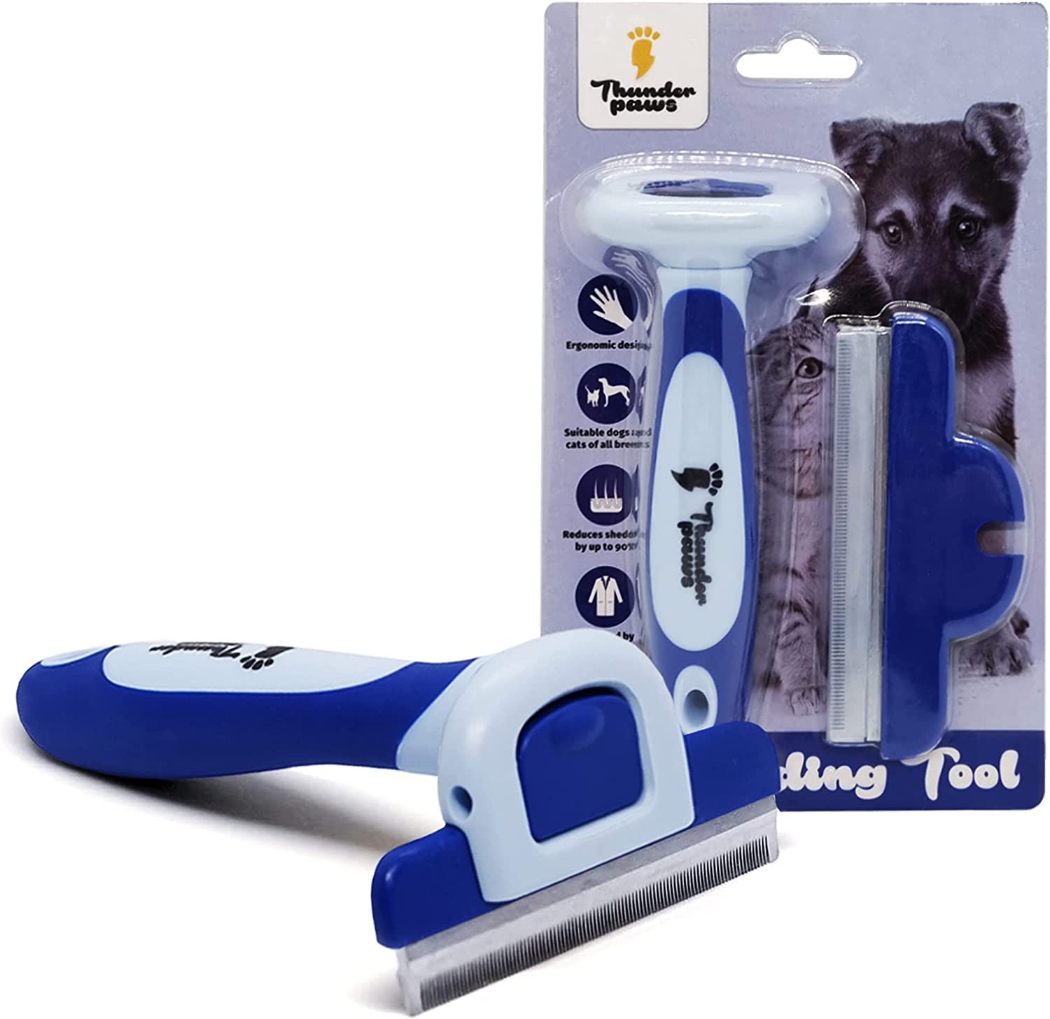 Thunderpaws Best Professional De-Shedding Tool and Pet Grooming Brush, D-Shedz for Breeds of Dogs, Cats with Short or Long Hair, Small, Medium and Large (Blue)