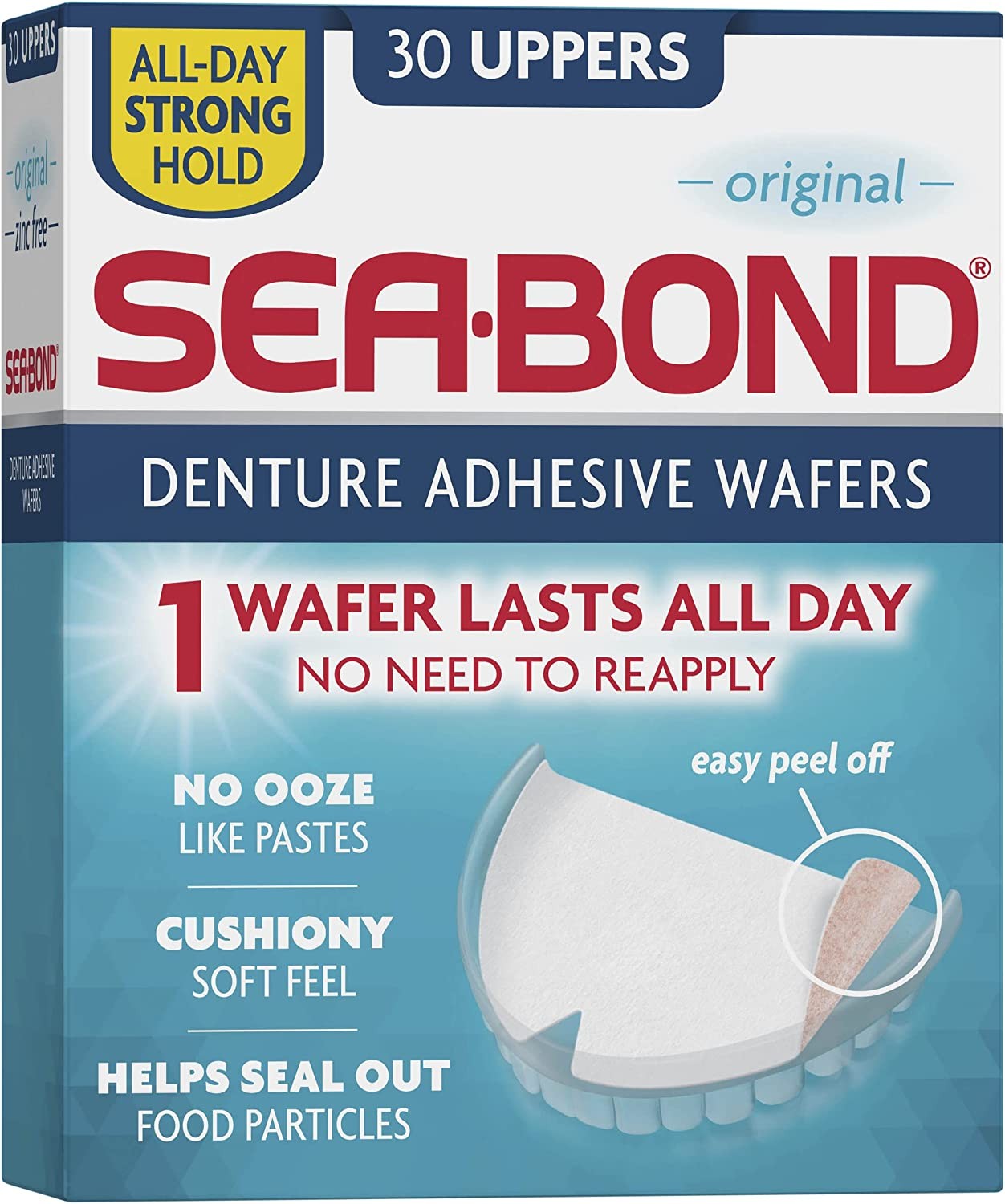 Sea Bond Secure Denture Adhesive Wafers, Zinc Free, All Day Hold, Mess Free, Soft Adhesive Cushion, 30 Uppers