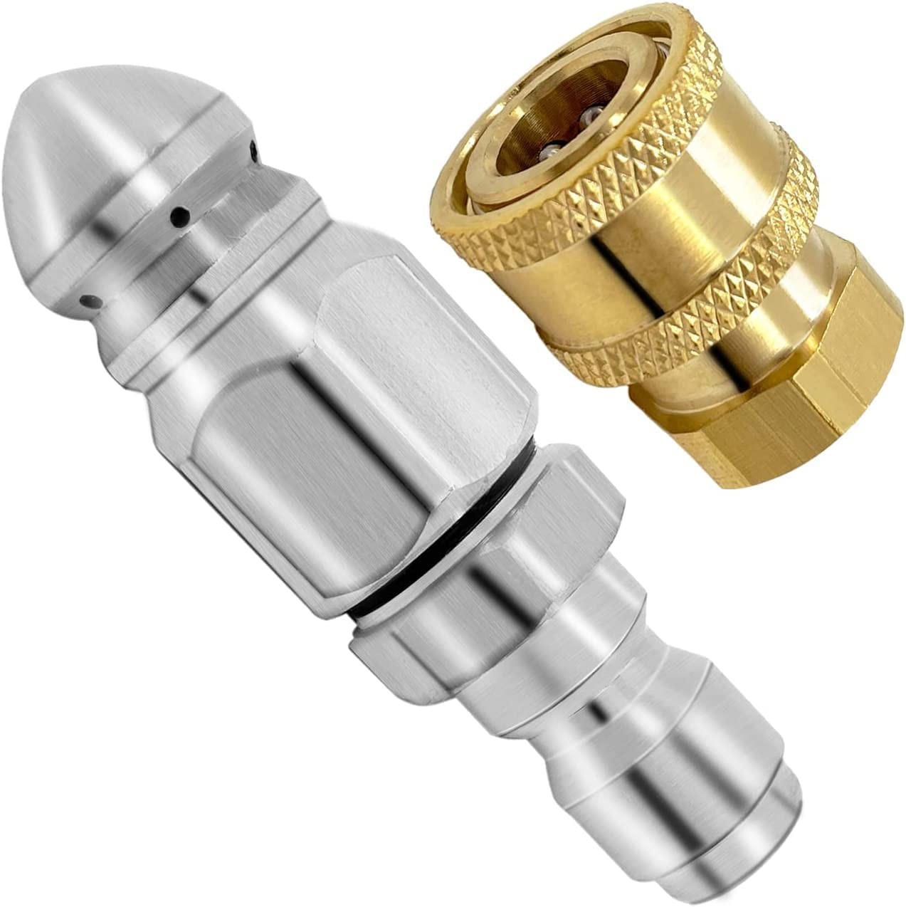 2 Packs 5000 PSI Sewer Jet Nozzle with Pressure Washer Coupler, Stainless Steel 1/4 Inch Pressure Washer Drain Jetter Hose Nozzle and Brass Fittings Quick Connector, 1/4” Quick Connect to Female NPT