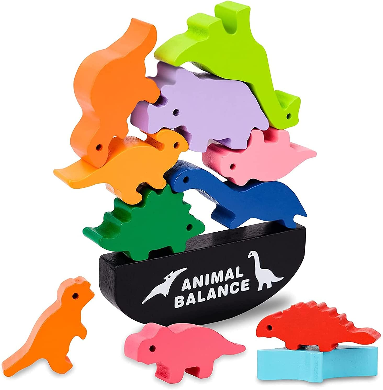 11Pcs Montessori Wooden Dinosaur&Animal Stacking Blocks, Balance Game Toys for Toddlers Kids, Early Educational Dinosaur Blocks Toys – Best Christmas Birthday Gift