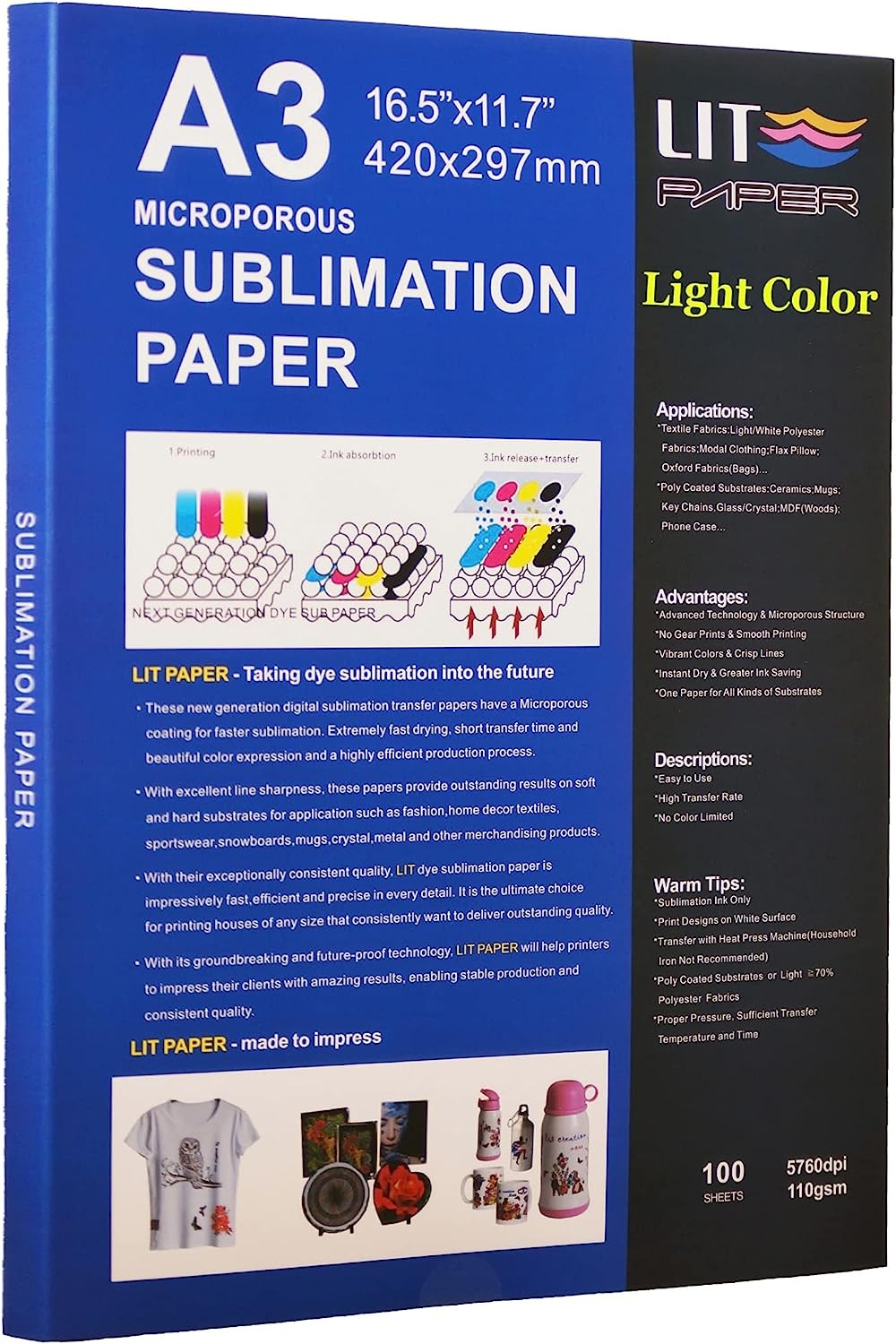 LIT Sublimation Paper A3 420X297 Mm, 100 Sheets 110Gsm Heat Press Transfer Paper – for Any Epson Sawgrass Ricoh HP Canon Inkjet Sublimation Printers with Sublimation Ink for Sub Blanks Shirts Mugs