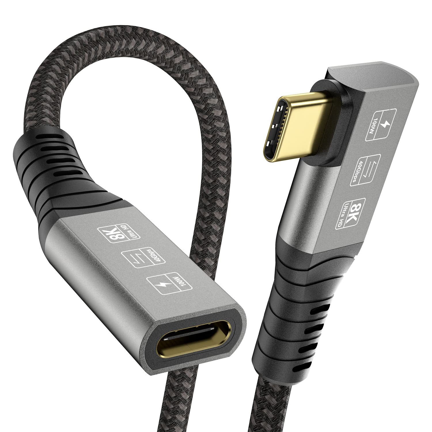 YIWENTEC USB4 8K 0.5M Cable Thunderbolt 4 USB 4 Type-C Male Angle to Female Extension Cable Ultra HD 8K@60Hz 100W Charging 40Gbps Data Transfer Compatible with External SSD Egpu USB-C Docking