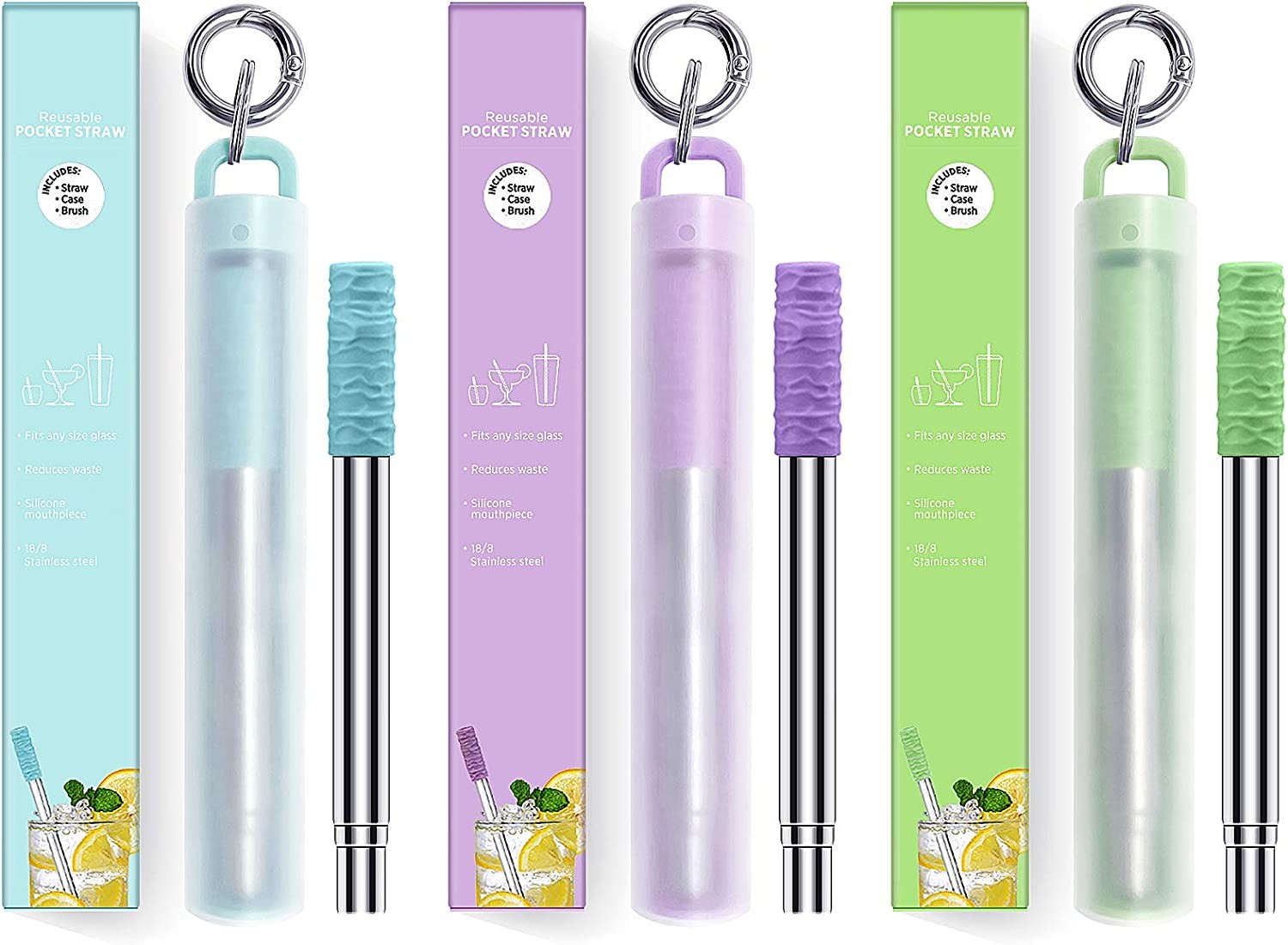 LOIVFET Metal Straws 3 Pack Reusable Collapsible Stainless Steel Straw Portable Telescopic Straws Drinking Easy to Clean with Silicone Tips,Travel Case,Keychain,Cleaner Brush(Green & Blue & Purple)