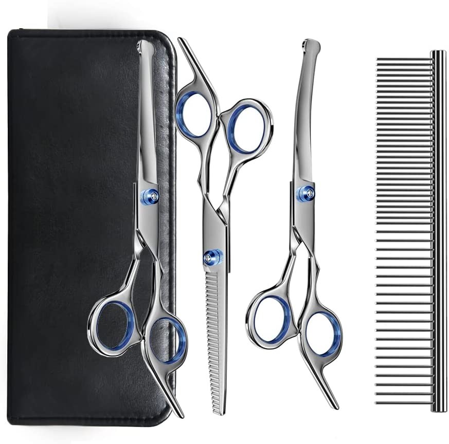 Dog Grooming Scissors Kit with Safety round Tips, Stainless Steel Professional Dog Grooming Shears Set – Thinning, Straight, Curved Shears and Comb for Long Short Hair for Dog Cat Pet