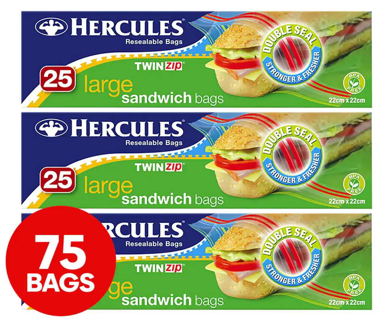 3 X 25Pk Hercules Twin Zip Sandwich Bags Large