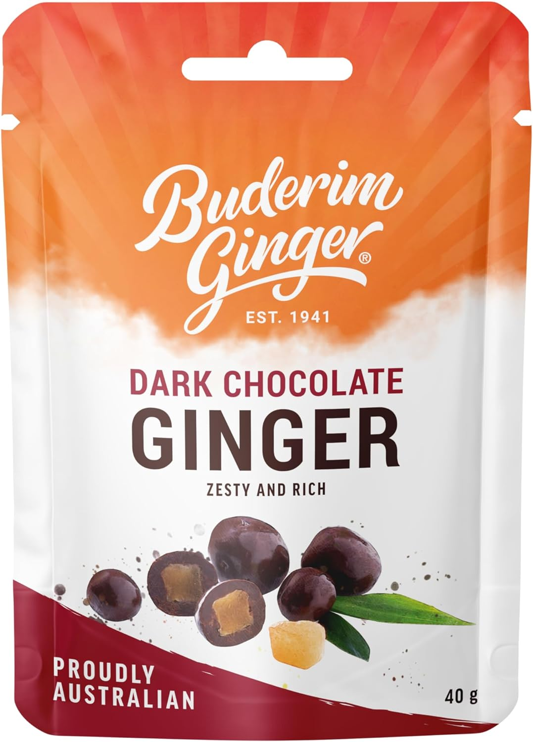 Buderim Ginger Dark Chocolate Ginger – 40G Snack Pack, Dark Chocolate over Fine Ginger Pieces, Perfect for Lunchboxes or On-The-Go.