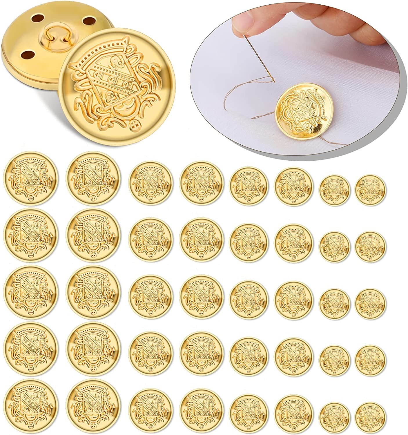 40 Pcs Metal Blazer Button Set Vintage Gold Buttons Sewing Buttons Gold Buttons Emblem Shank Buttons for Blazer Brass Buttons for Blazer Suits Sport Coat Uniform Jacket 15Mm 18Mm 21Mm 25Mm