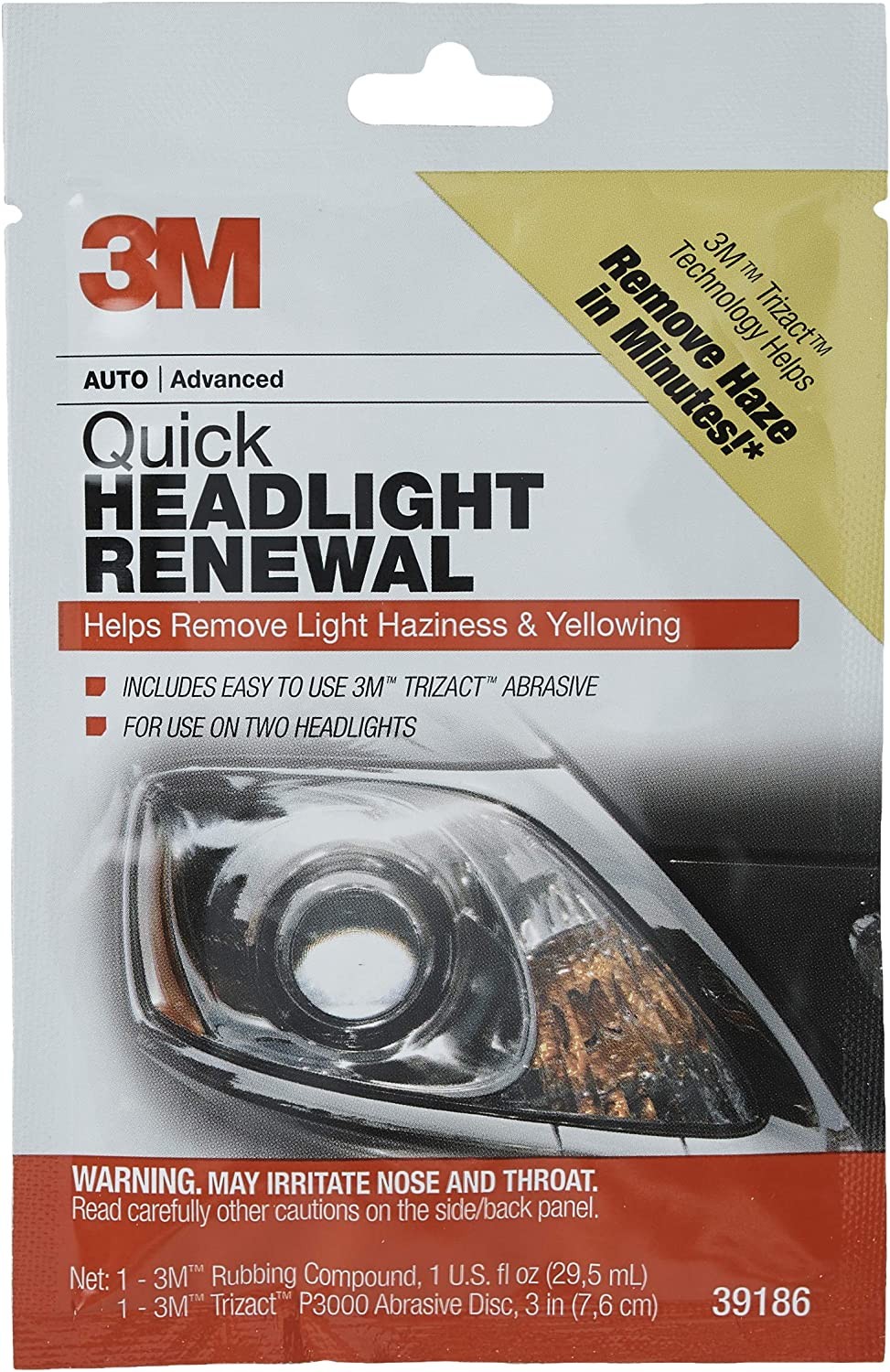 3M Quick Headlight Renewal, Helps Remove Light Haziness and Yellowing in Minutes, Hand Application, 1 Sachet