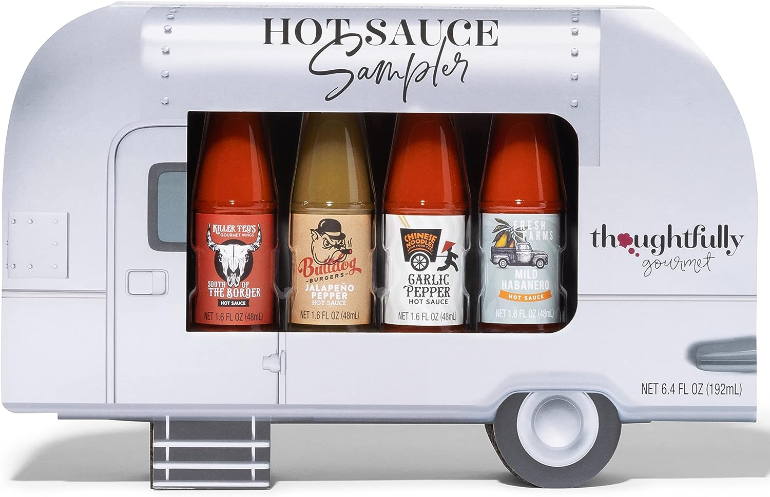 Thoughtfully Gourmet, Air Stream Foodie Finds Hot Sauce Sampler Gift Set, Flavours Include Mild Habanero, Garlic Pepper, Jalapeno Pepper and South of the Border, Set of 4 Flavourful Chilli Hot Sauces