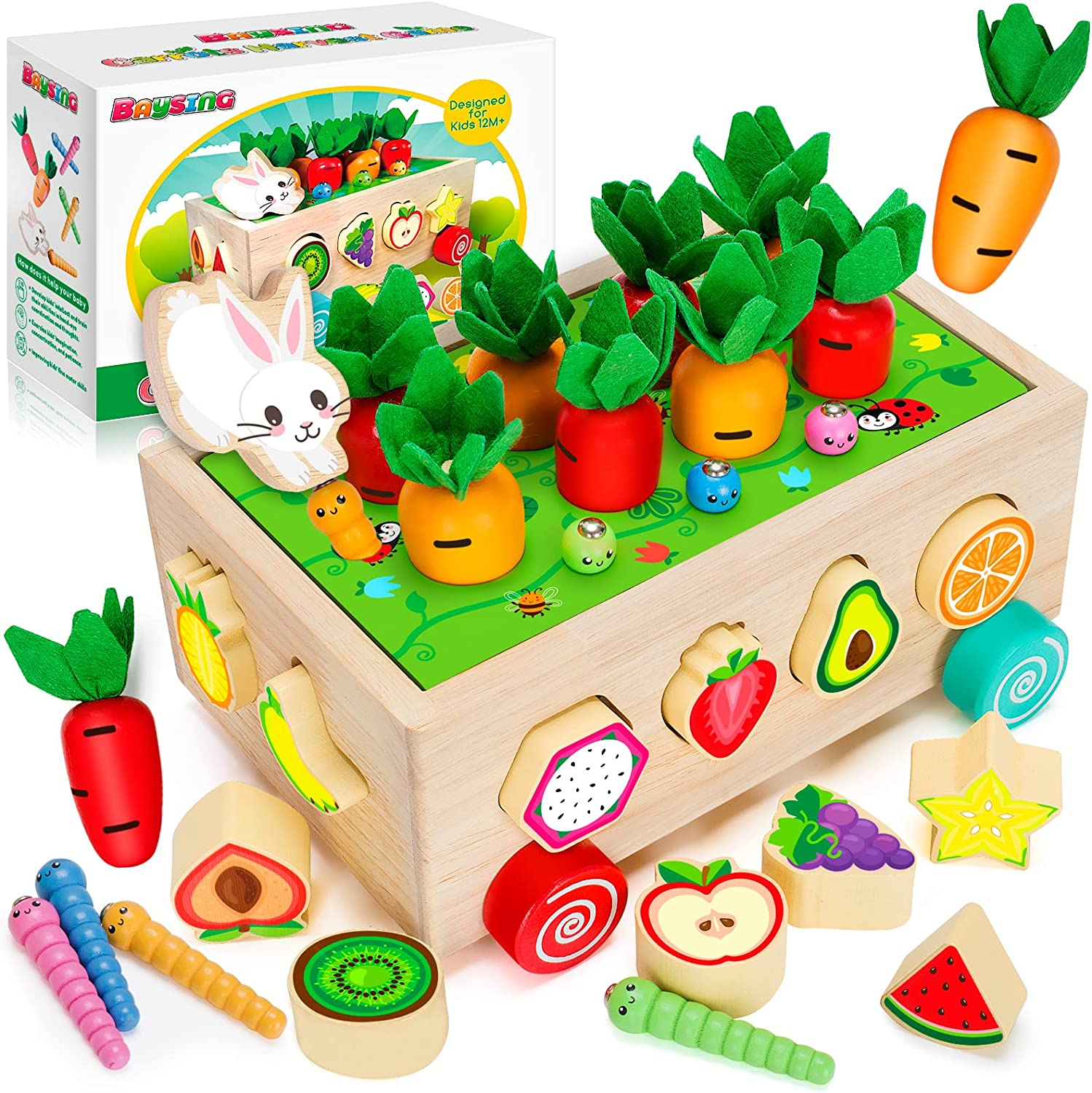 BAYSING Montessori Toys for 2,3,4 Year Old Baby Boys and Girls, Carrots Harvest Game, Wooden Shape Sorting Toys for Toddlers, Kids Age 1-3, Wood Preschool Learning Fine Motor Skills Game