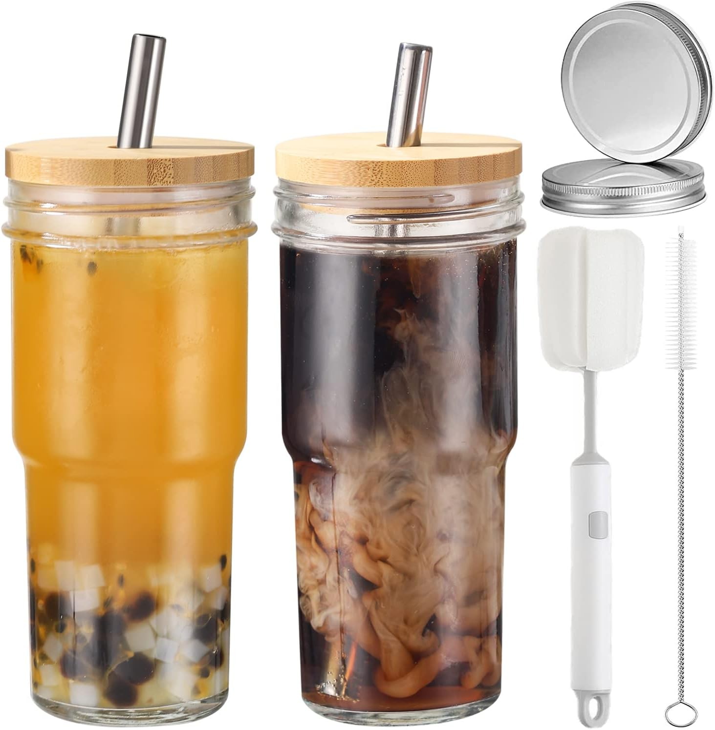 CJWLKJ Boba Cup, Reusable Bubble Tea Cup, Glass Cups Set, 2 PCS Mason Jar Cups Tumbler with Bamboo Lids and Straws & 2 Airtight Lids, 24 Oz Wide Mouth Iced Coffee Glass Tumblers, Reusable Smoothie Cups