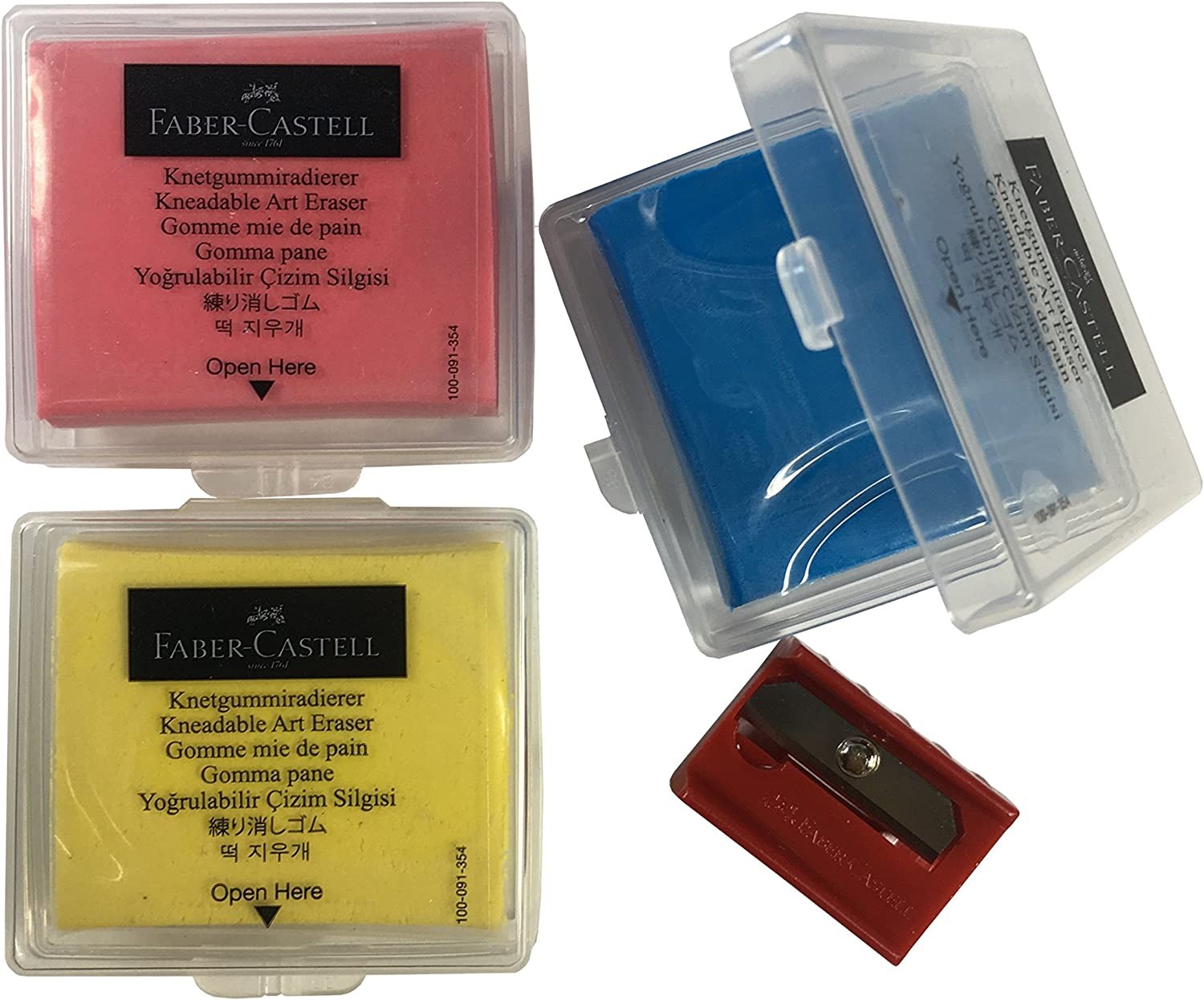 Faber-Castell Colored Kneaded Art Eraser Soft Durable Sketch Putty Rubber, Kneadable Rubber Eraser with Plastic Case in 3 Colors – Red, Yellow, Blue + 1 Sharpener (3 + 1)