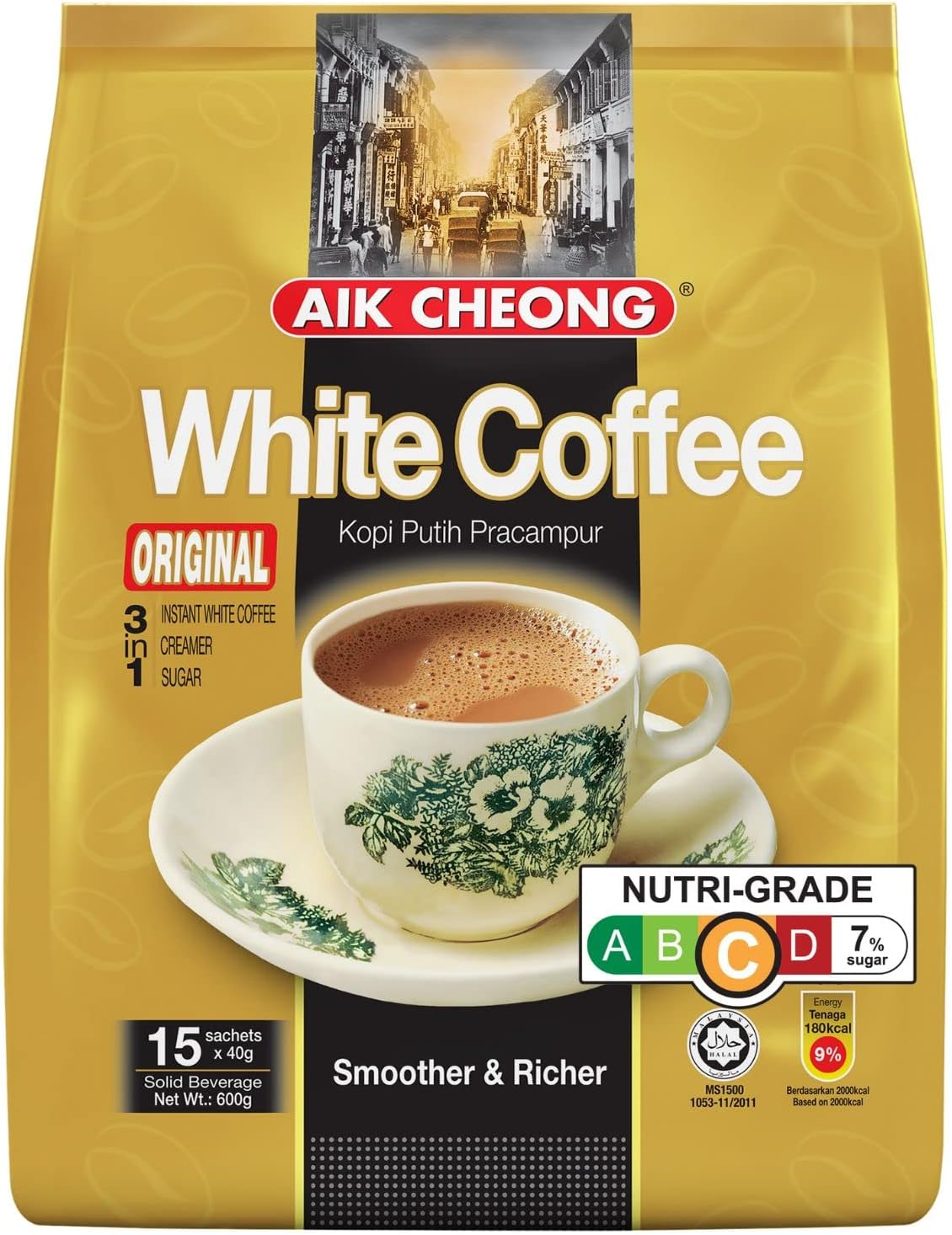 Aik Cheong Kopi Putih Pracampur 3 in 1 Instant White Coffee 40 G (Pack of 15)