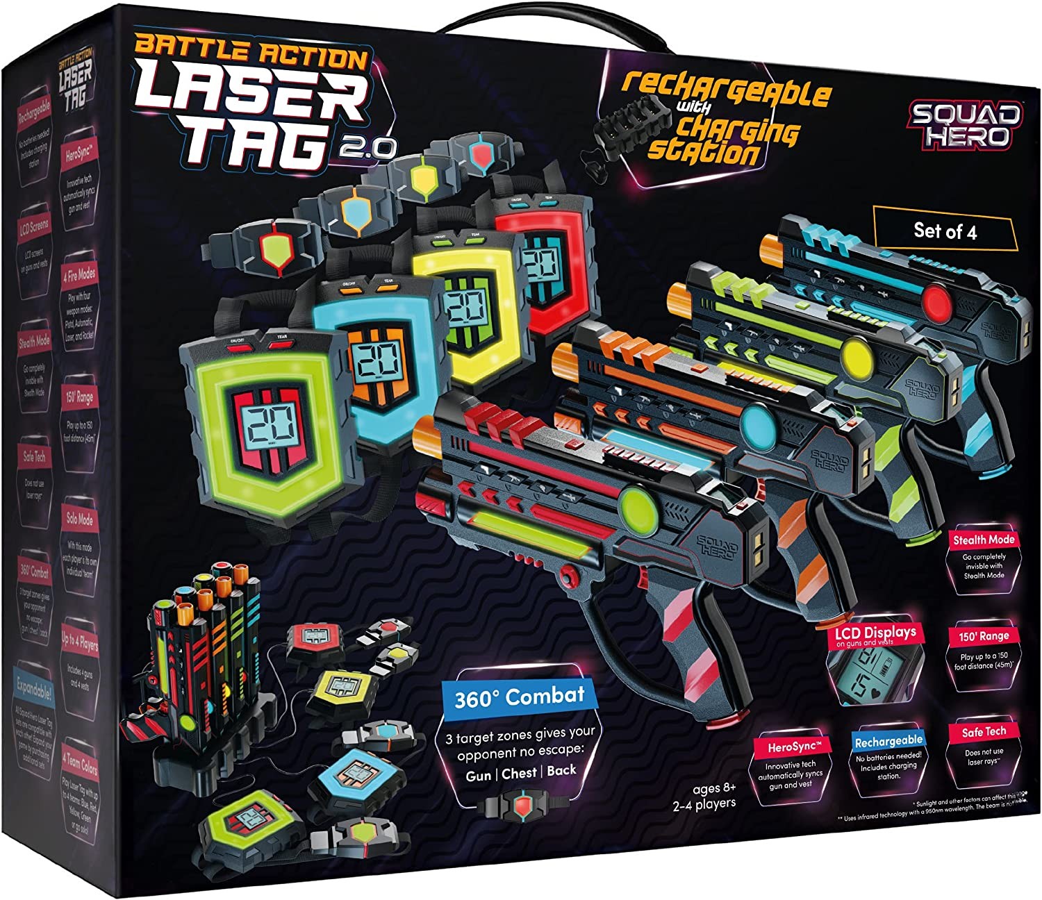 Squad Hero Rechargeable Laser Tag 360° Sensors + Lcds, 4 Set – Gift Ideas for Kids Teens and Adults Boys & Girls Family Fun – Cool Teenage Christmas Group Activity – Teen Gifts Ages 8+ Year Old Boy