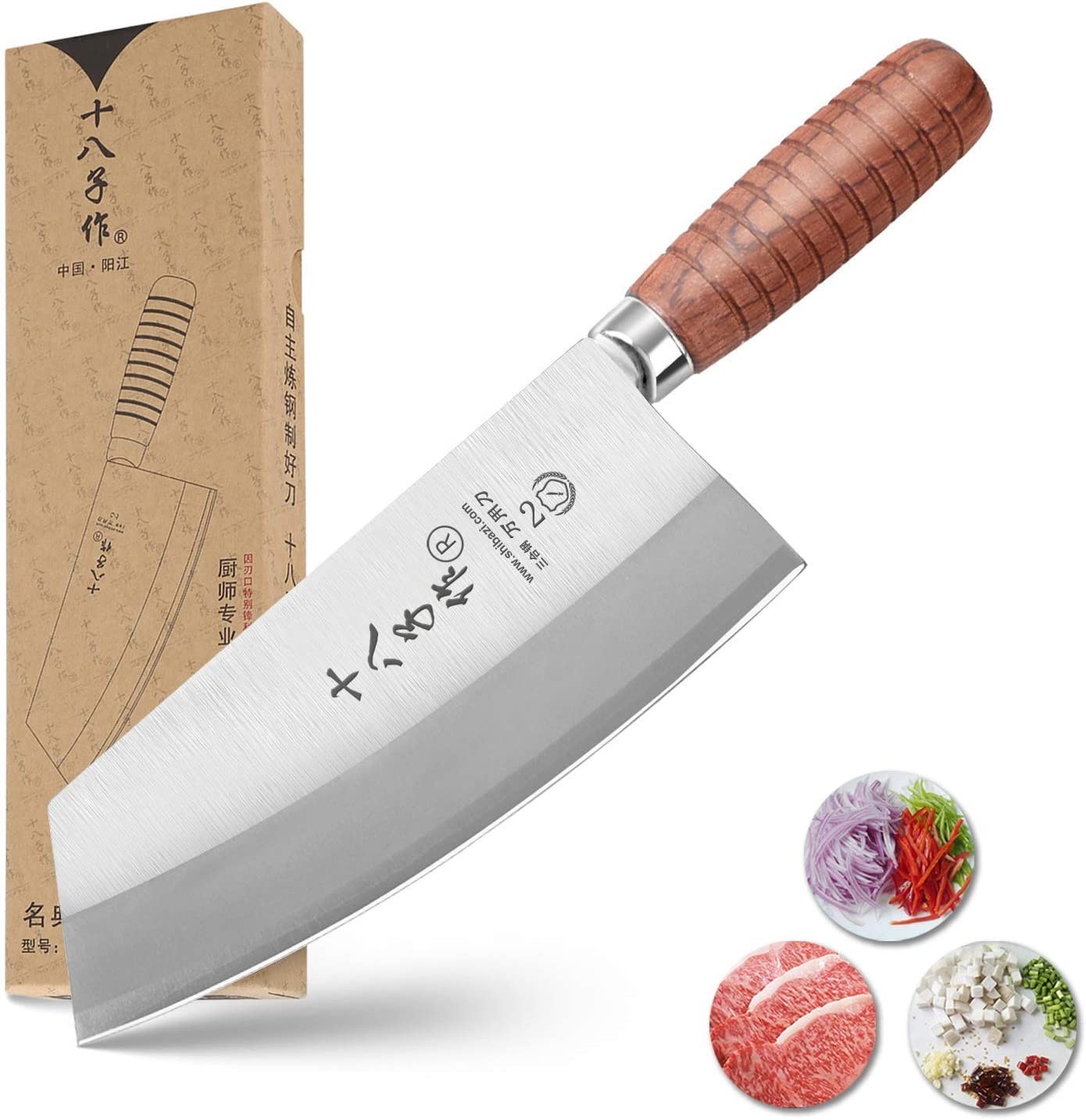 SHI BA ZI ZUO Chef Knife Chinese Cleaver Kitchen Knife Superior Class 7-Inch Stainless Steel Knife with Ergonomic Design Comfortable Wooden Handle