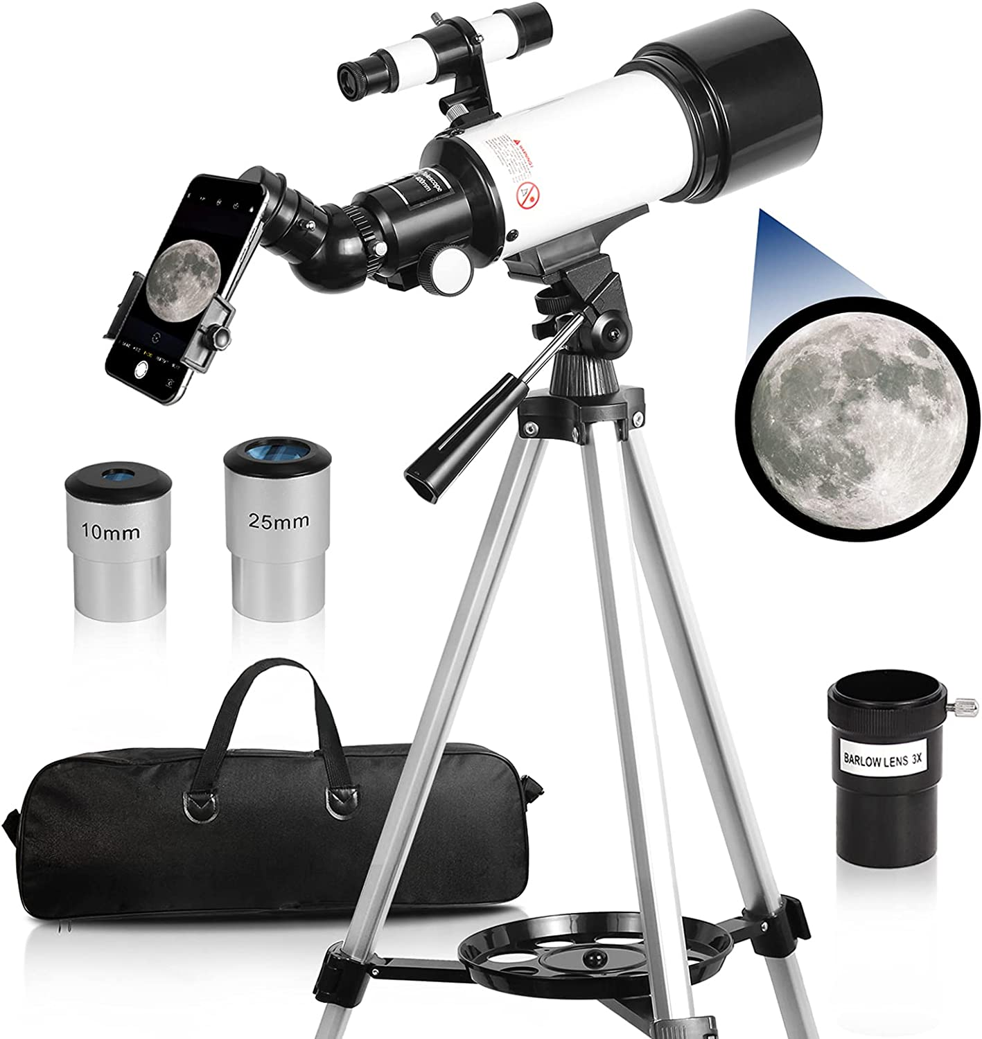 Telescopes for Adults, 70Mm Aperture 400Mm AZ Mount, Telescope for Kids Beginners, Fully Multi-Coated Optics, Astronomy Refractor Telescope Portable Telescope with Tripod, Phone Adapter, Backpack