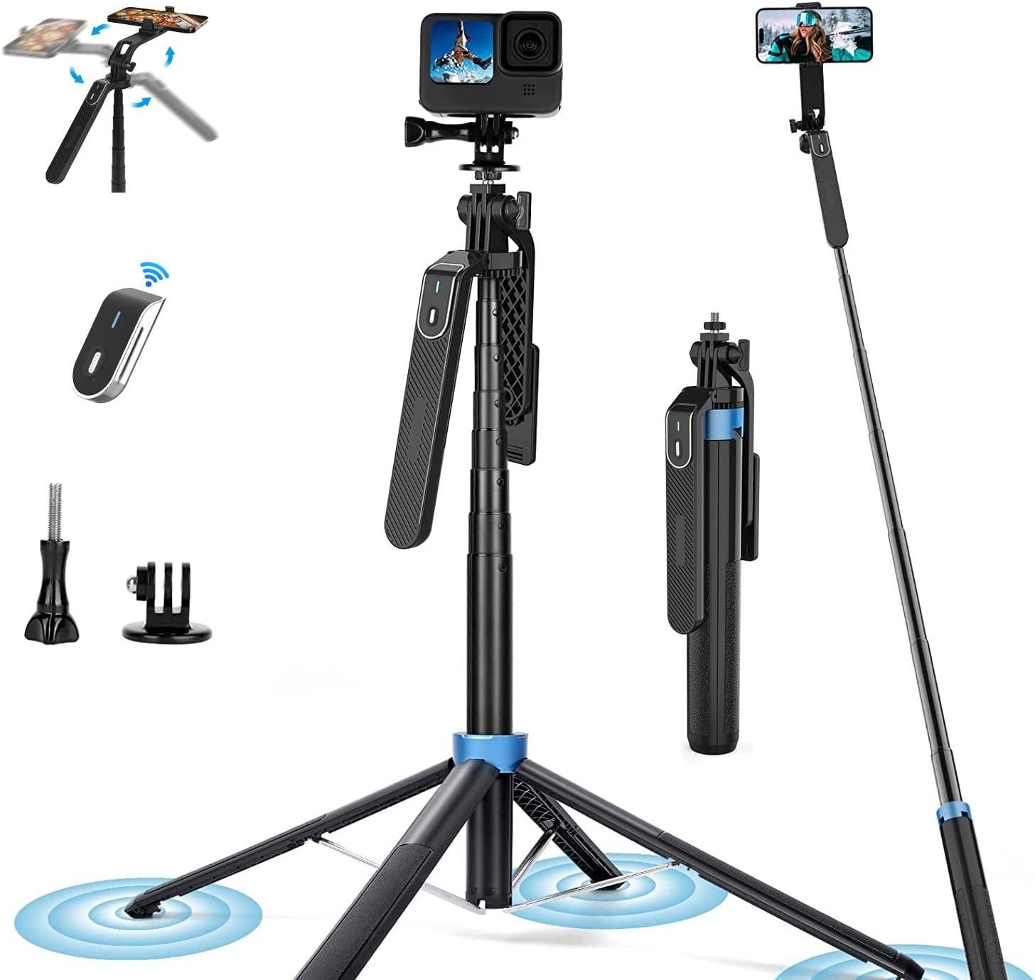 180 Cm Selfie Stick Tripod with Remote, Rimposky Upgrade Quadripod for Iphone/Android Phone, Extendable Anti-Shake Selfie Stick with Balance Handle 1/4 Screw, Portable Tripod Stand for Gopro/Insta360