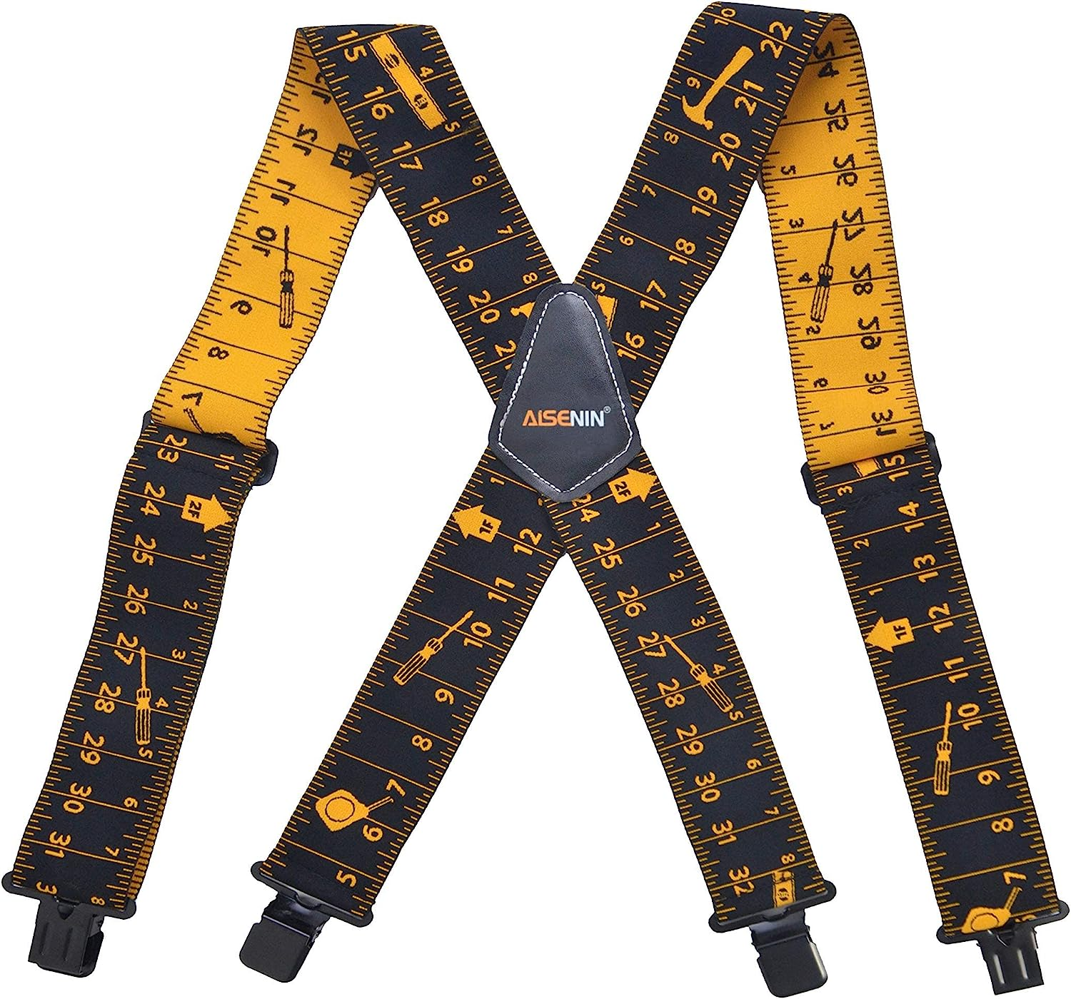 AISENIN Mens Tape Measure Suspenders, 2 Inch Wide Adjustable Work Suspenders for Tool Belts, Elastic Braces with Heavy Duty Strong Clips, Black, Black