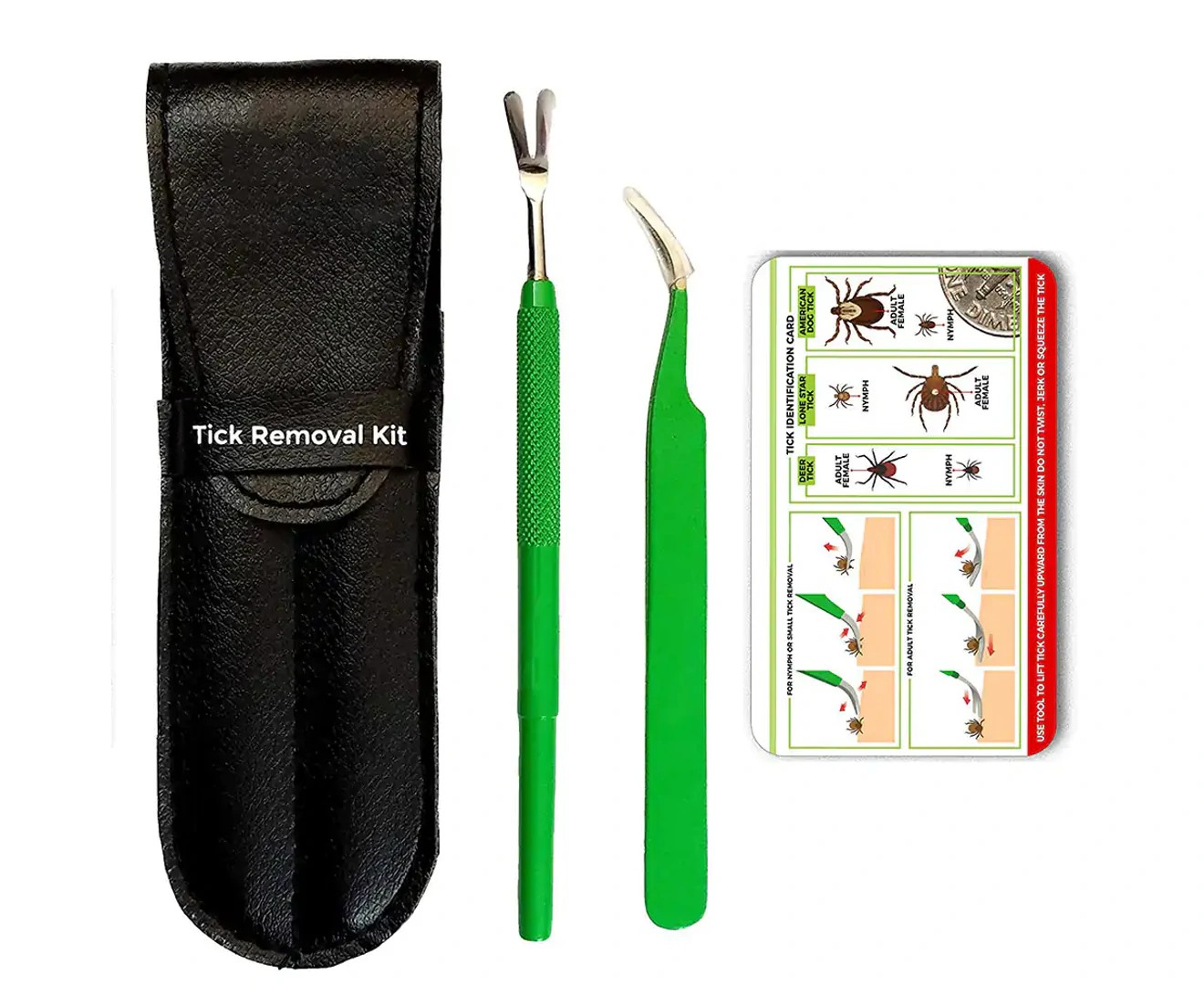 Premium Tick Remover Kit – Stainless Steel Tick Remover + Tweezers, Leather Case, and Free Pocket Tick Identification Card