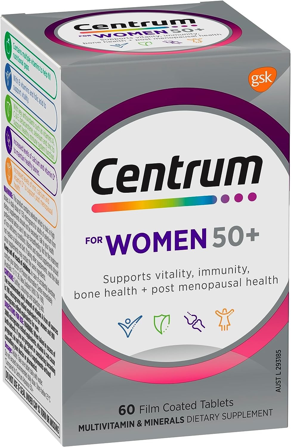 Centrum for Women 50+, Multivitamin with Vitamins & Minerals to Support Vitality, Immunity, Bone Health & Post Menopausal Health, 60 Tablets